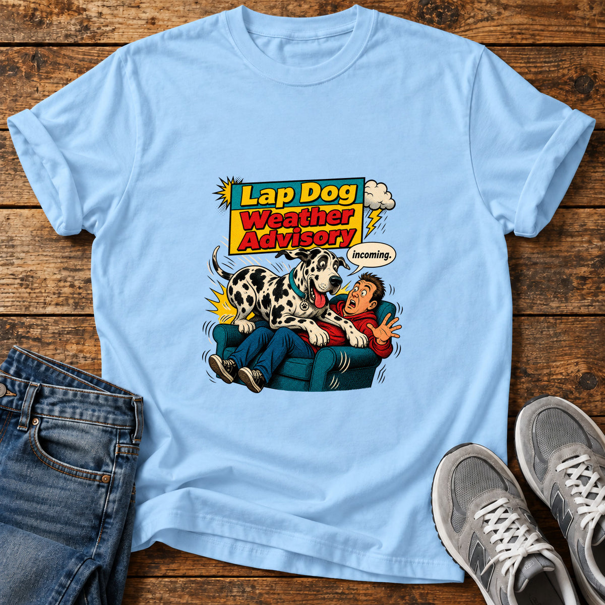 Lap Dog Advisory Great Dane graphic T-shirt in Light Blue, shown on a flat-lay shirt mockup
