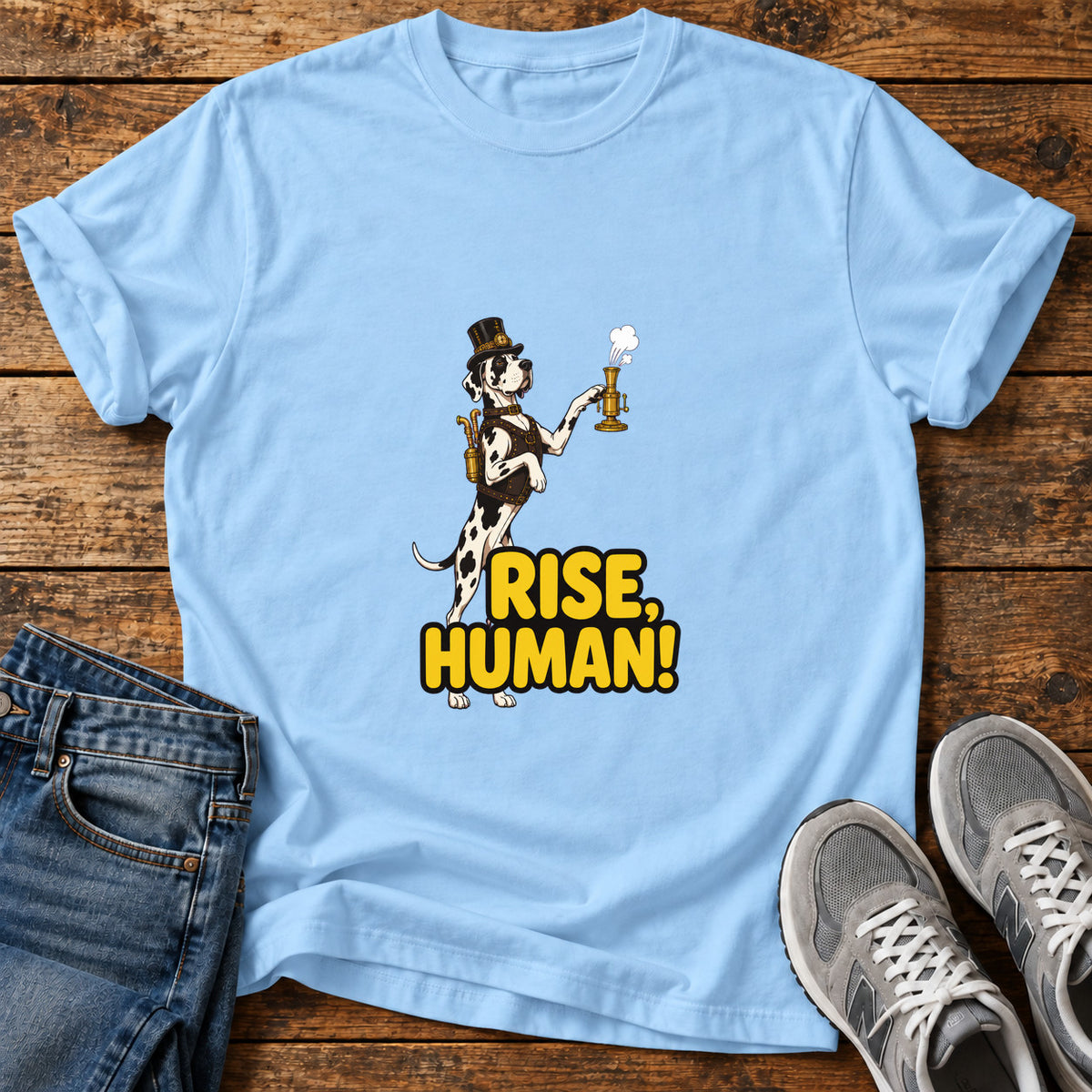 Rise Human Great Dane graphic T-shirt in Light Blue, shown on a flat-lay shirt mockup