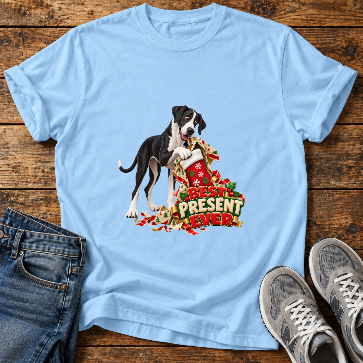 Best Present Ever Great Dane graphic T-shirt in Light Blue, shown on a flat-lay shirt mockup