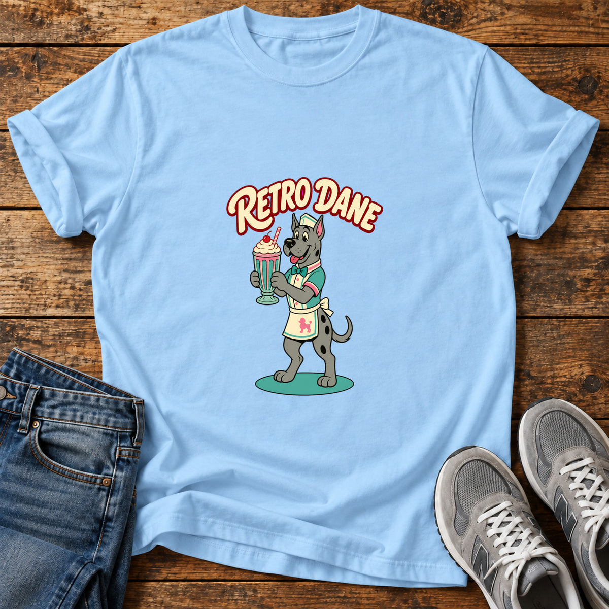 Retro Dane Great Dane graphic T-shirt in Light Blue, shown on a flat-lay shirt mockup