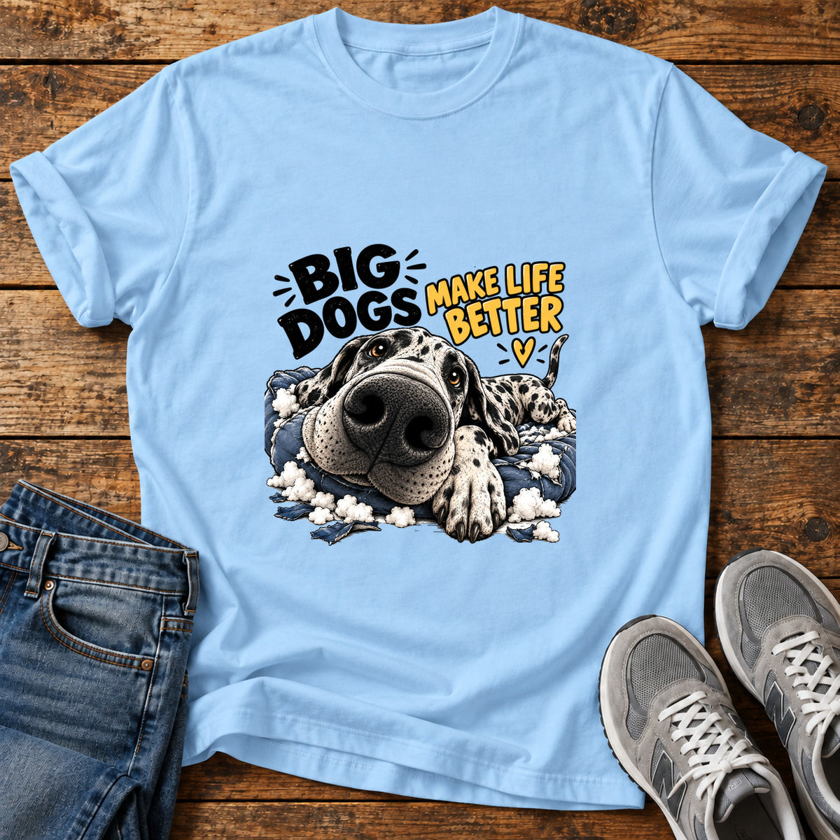 Big Dogs Better Great Dane graphic T-shirt in Light Blue, shown on a flat-lay shirt mockup