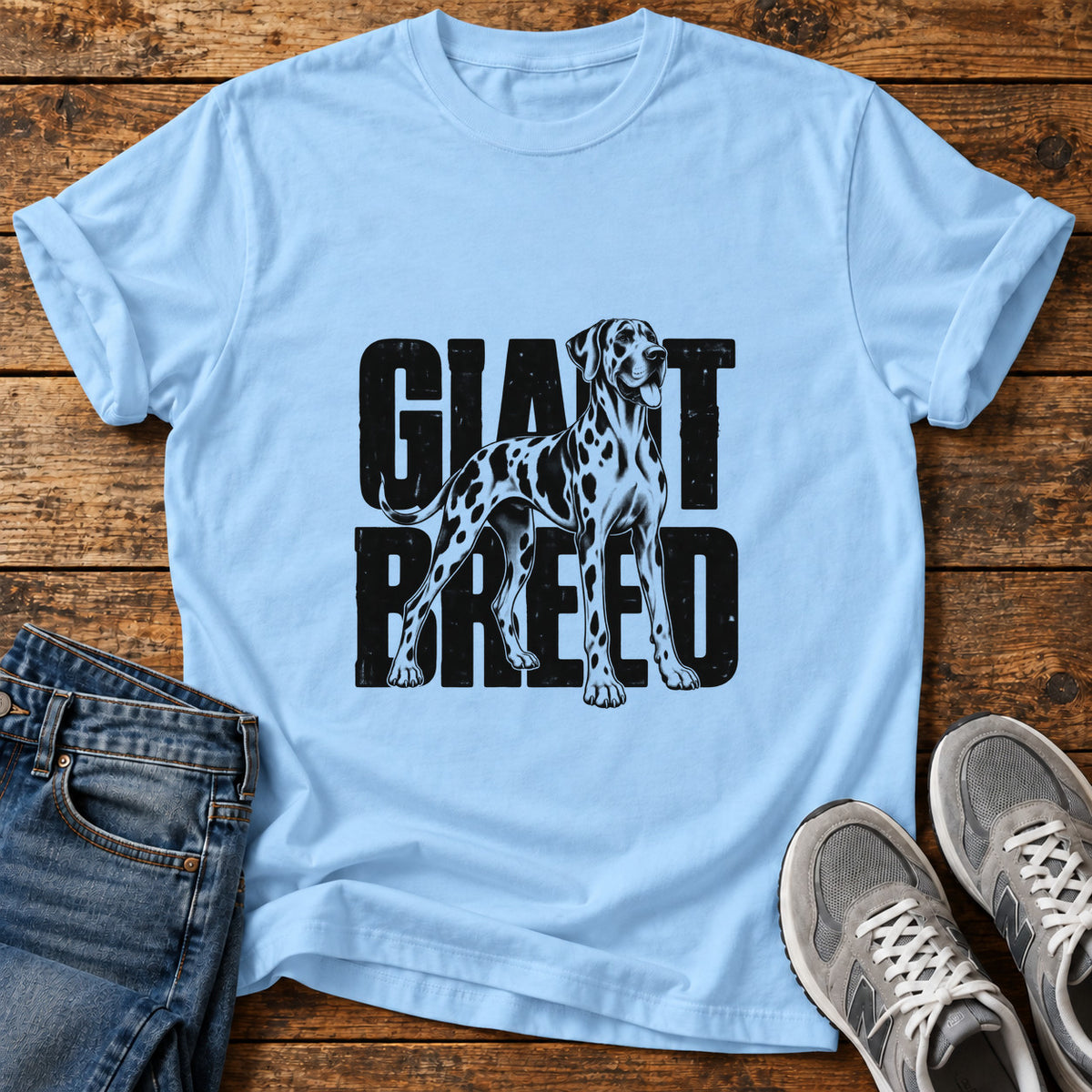 Giant Breed Great Dane graphic T-shirt in Light Blue, shown on a flat-lay shirt mockup