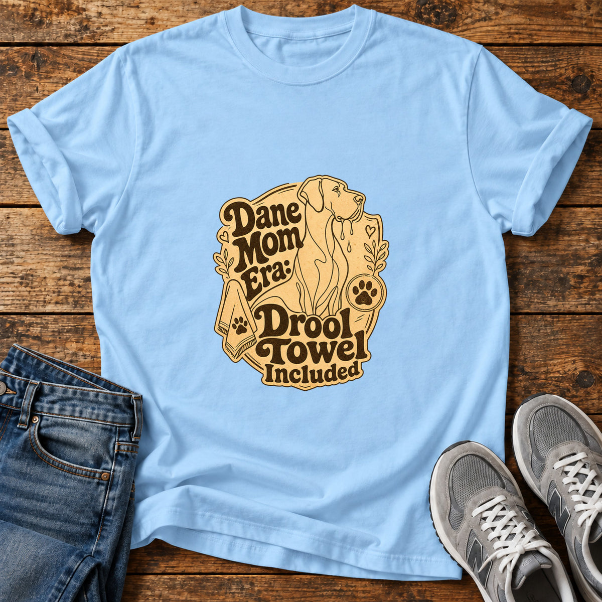 Dane Mom Era Great Dane graphic T-shirt in Light Blue, shown on a flat-lay shirt mockup