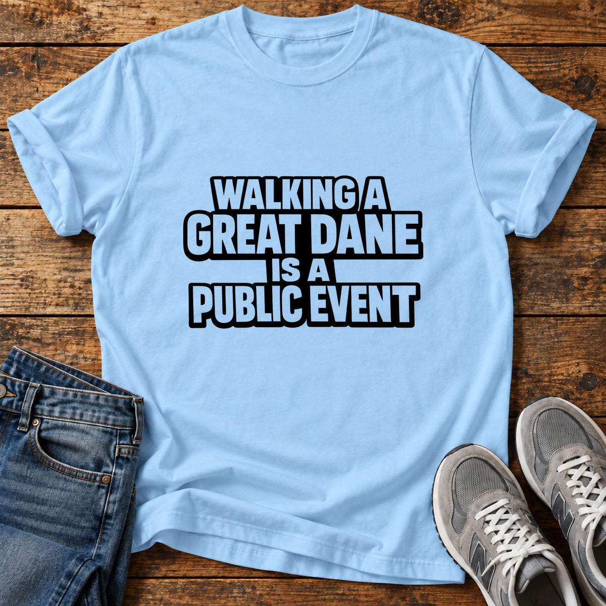 Great Dane Event graphic T-shirt in Light Blue, shown on a flat-lay shirt mockup