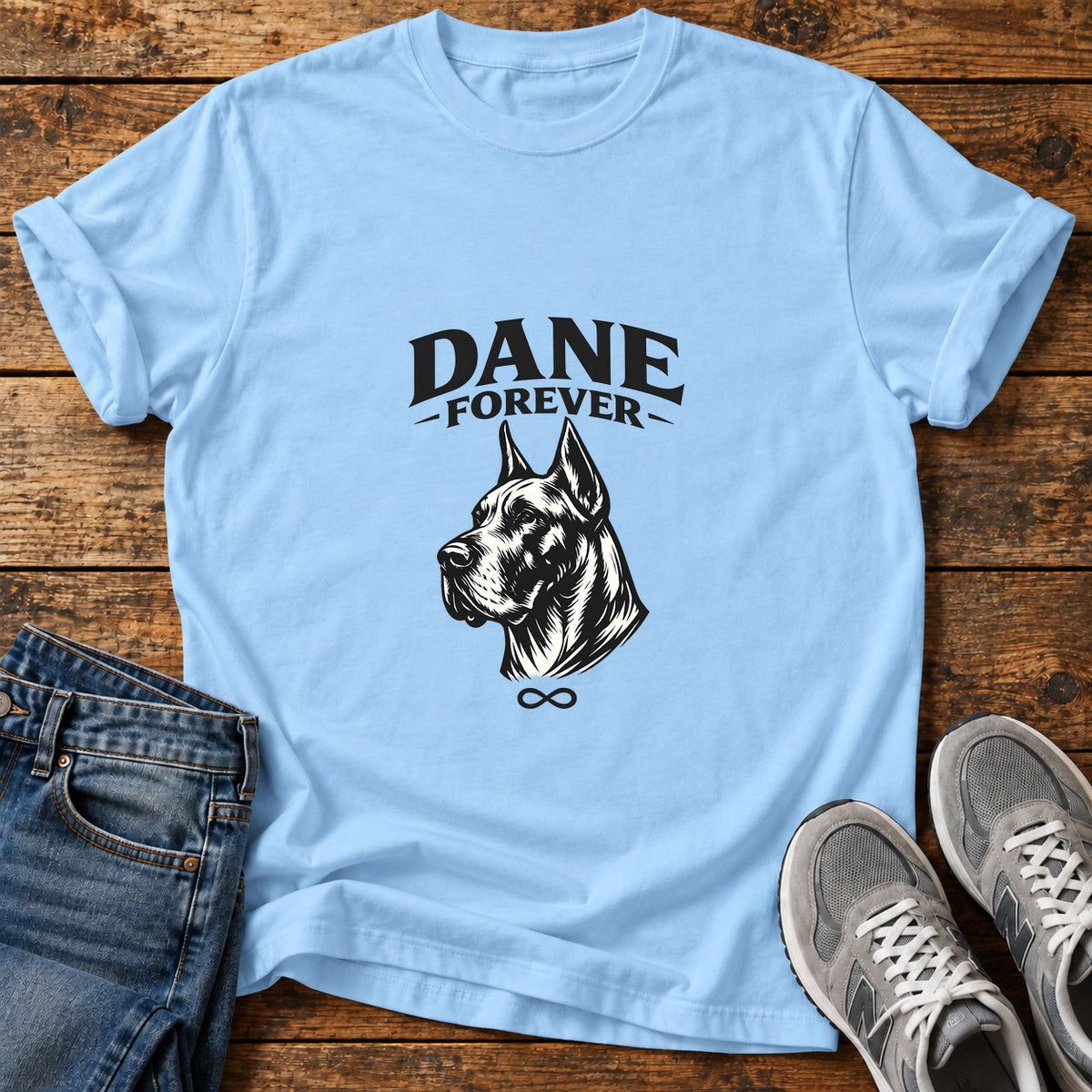 Dane Forever Great Dane graphic T-shirt in Light Blue, shown on a flat-lay shirt mockup