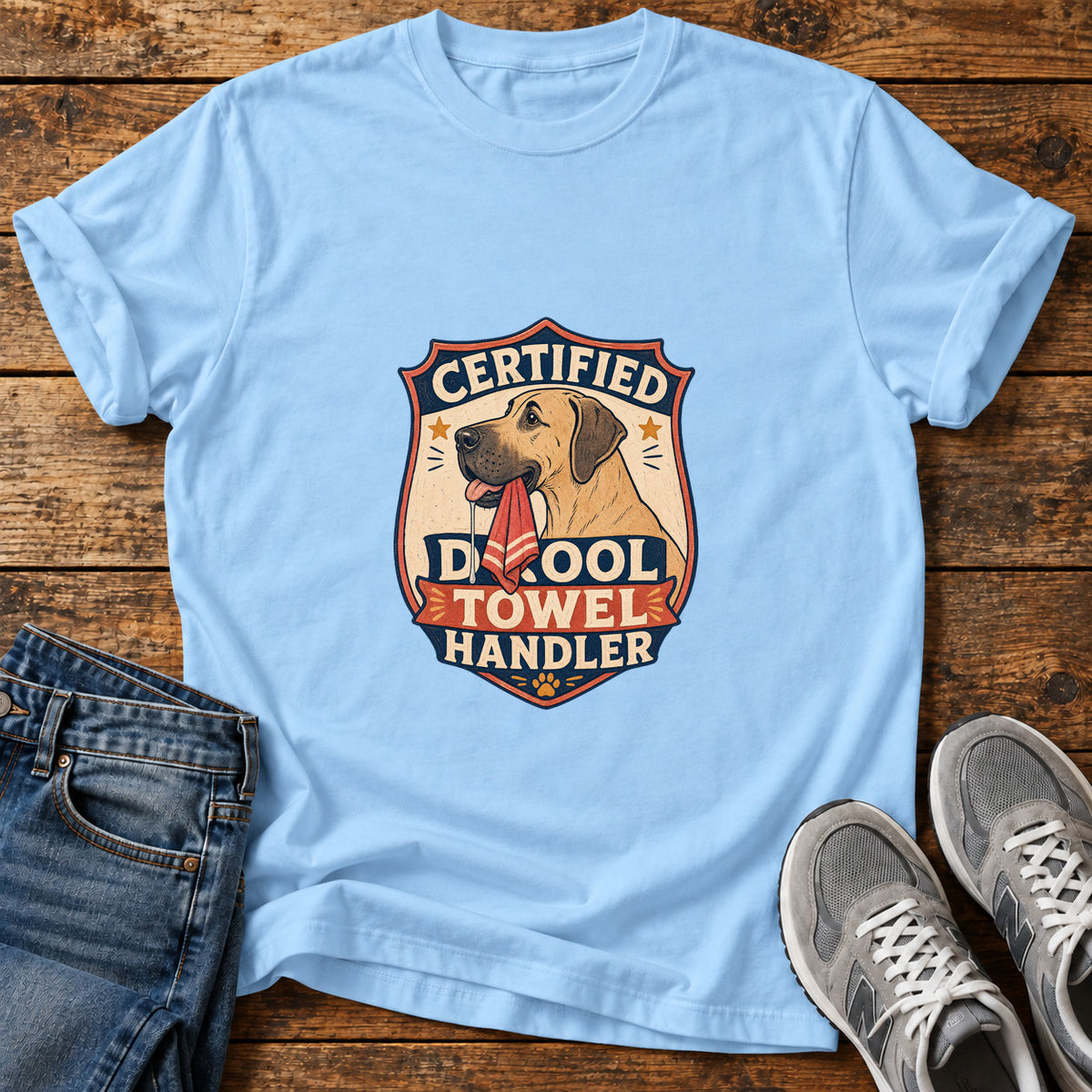 Certified Drool Handler Great Dane graphic T-shirt in Light Blue, shown on a flat-lay shirt mockup