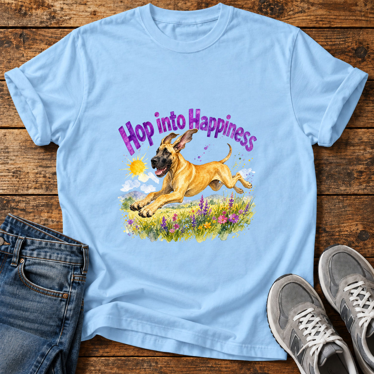 Hop Into Happiness Great Dane graphic T-shirt in Light Blue, shown on a flat-lay shirt mockup