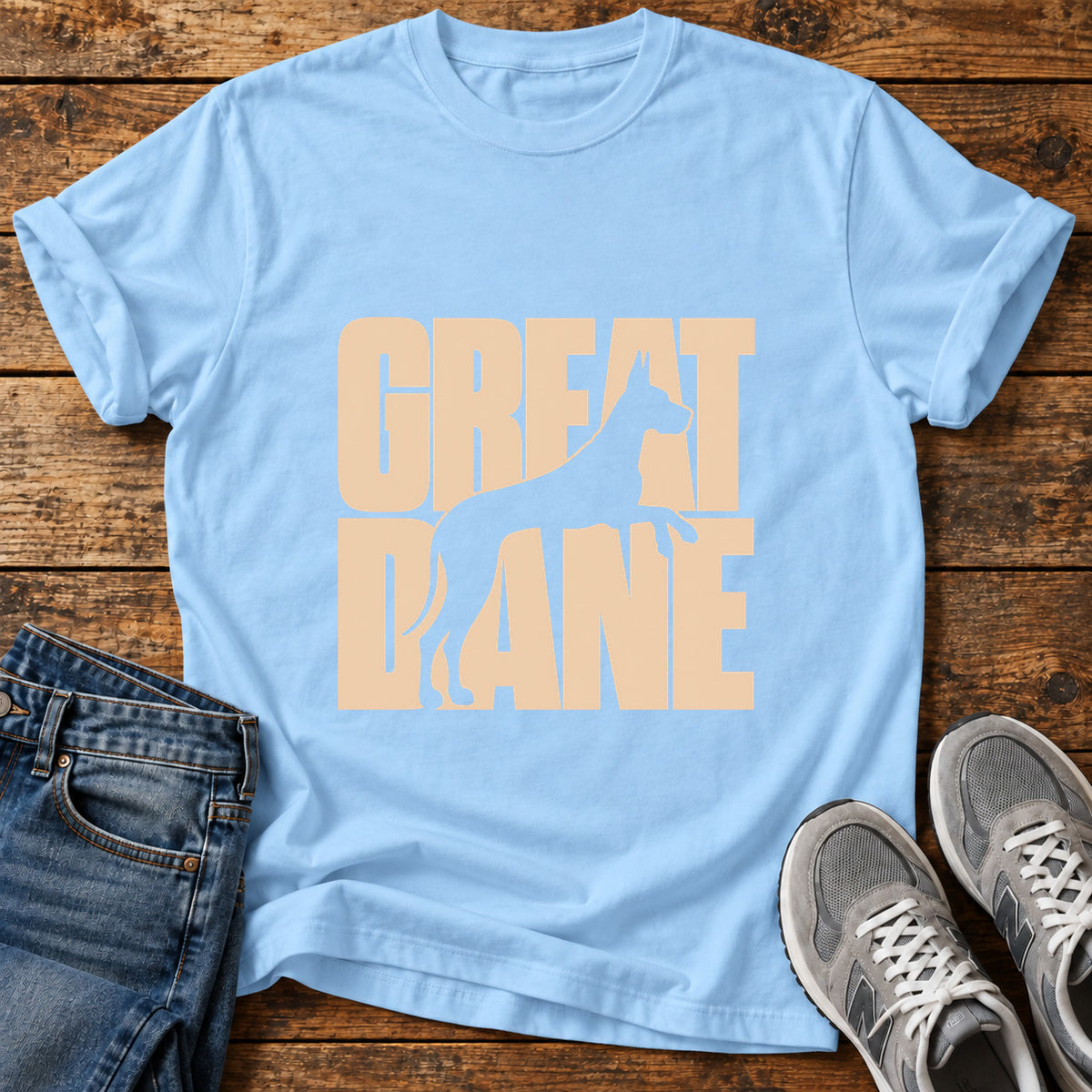 Great Dane graphic T-shirt in Light Blue, shown on a flat-lay shirt mockup