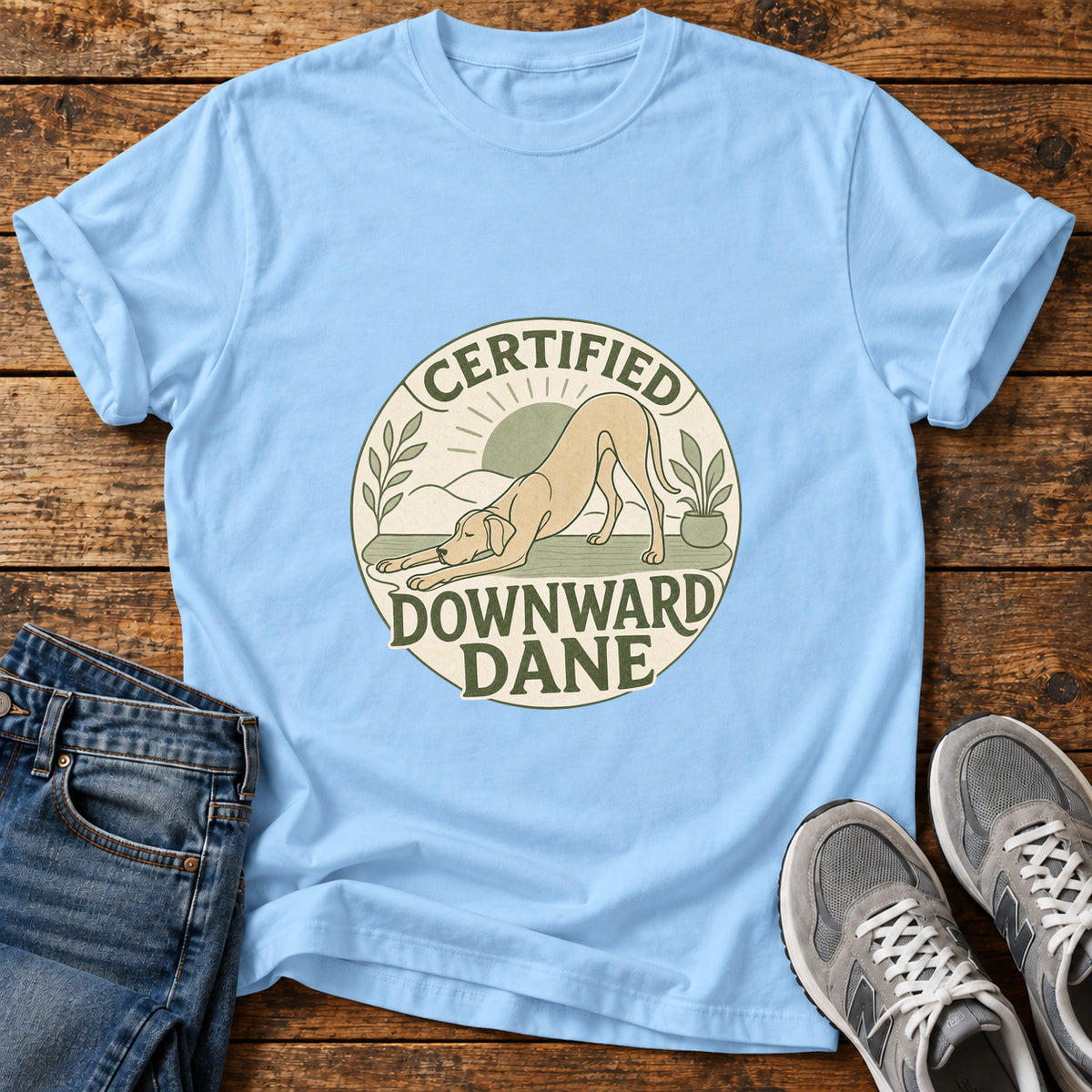 Certified Downward Dane Great Dane graphic T-shirt in Light Blue, shown on a flat-lay shirt mockup