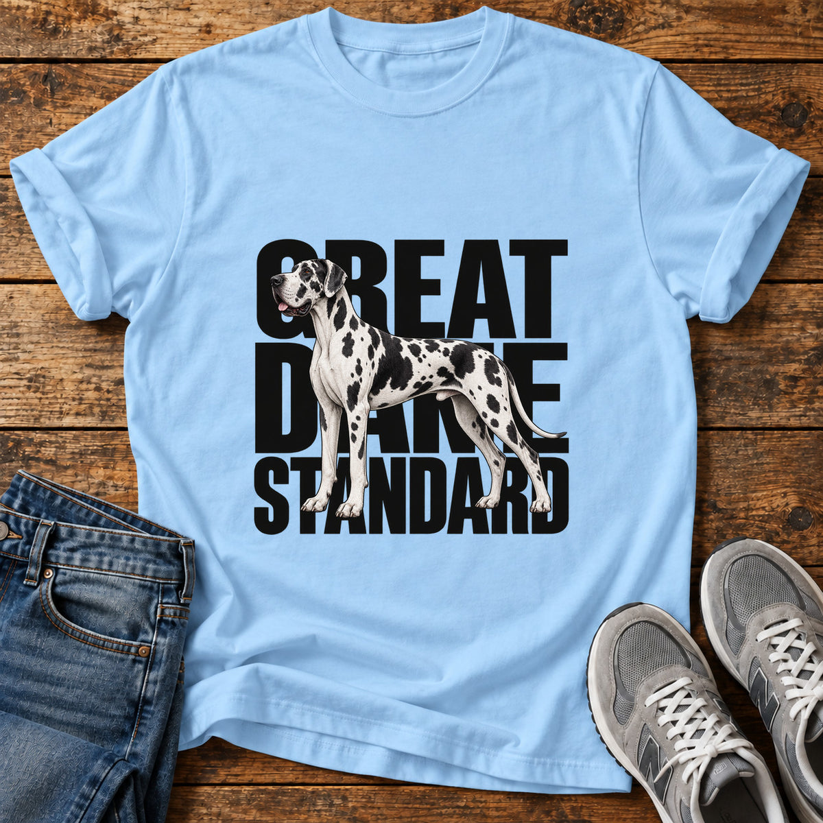 Great Dane Standard graphic T-shirt in Light Blue, shown on a flat-lay shirt mockup