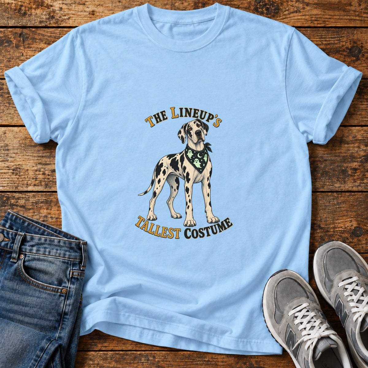 The Lineup's Tallest Great Dane graphic T-shirt in Light Blue, shown on a flat-lay shirt mockup