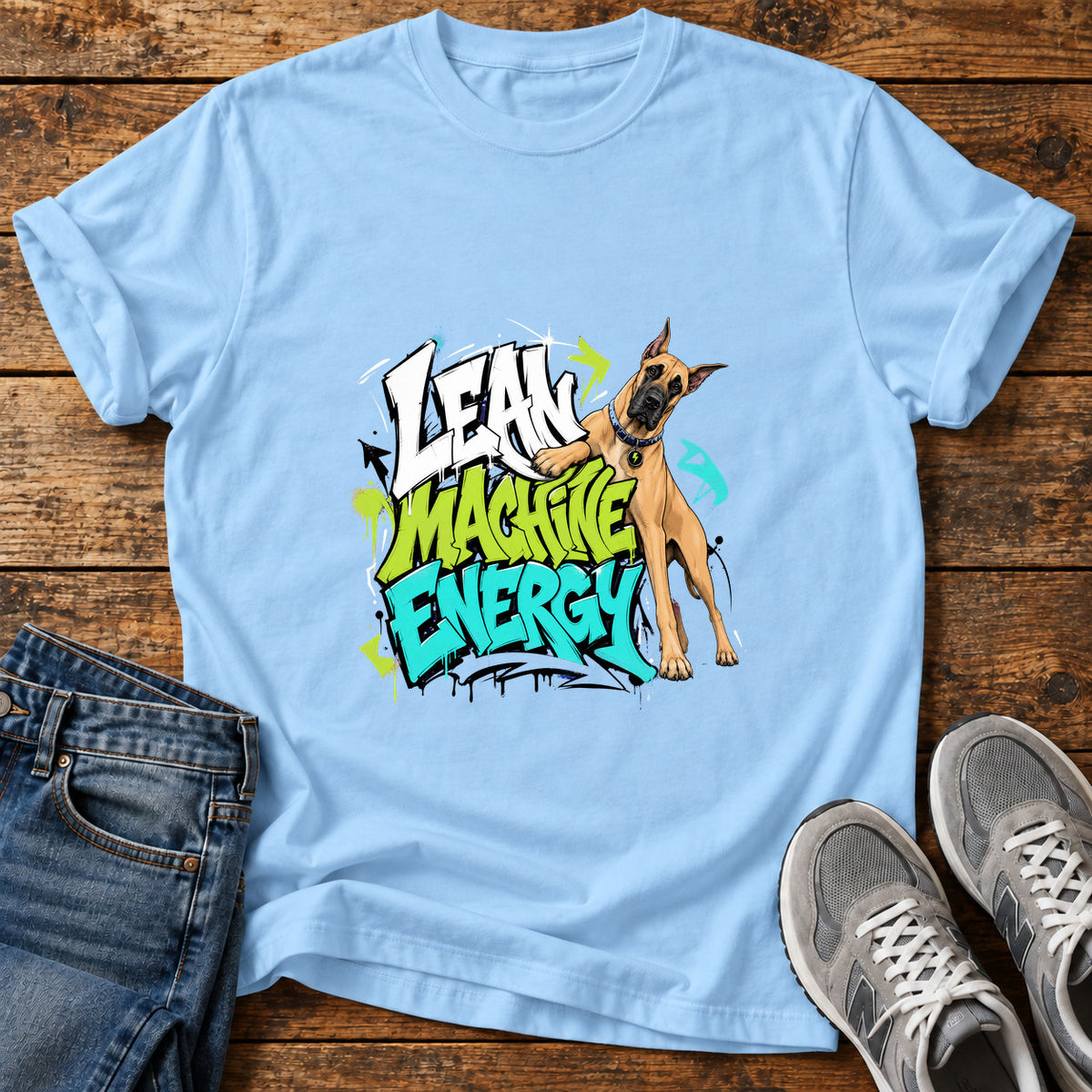 Lean Machine Energy Great Dane graphic T-shirt in Light Blue, shown on a flat-lay shirt mockup