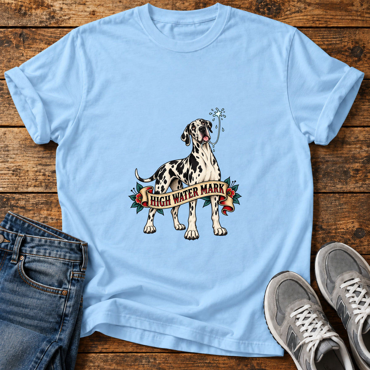 High Water Mark Great Dane graphic T-shirt in Light Blue, shown on a flat-lay shirt mockup