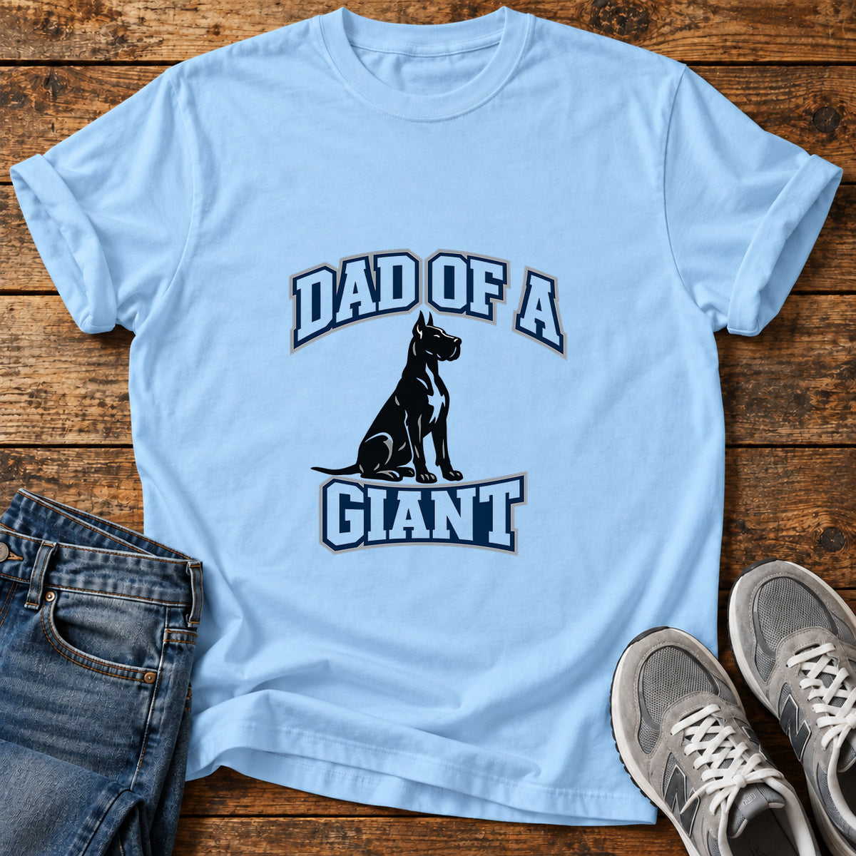 Dad Of Giant Great Dane graphic T-shirt in Light Blue, shown on a flat-lay shirt mockup