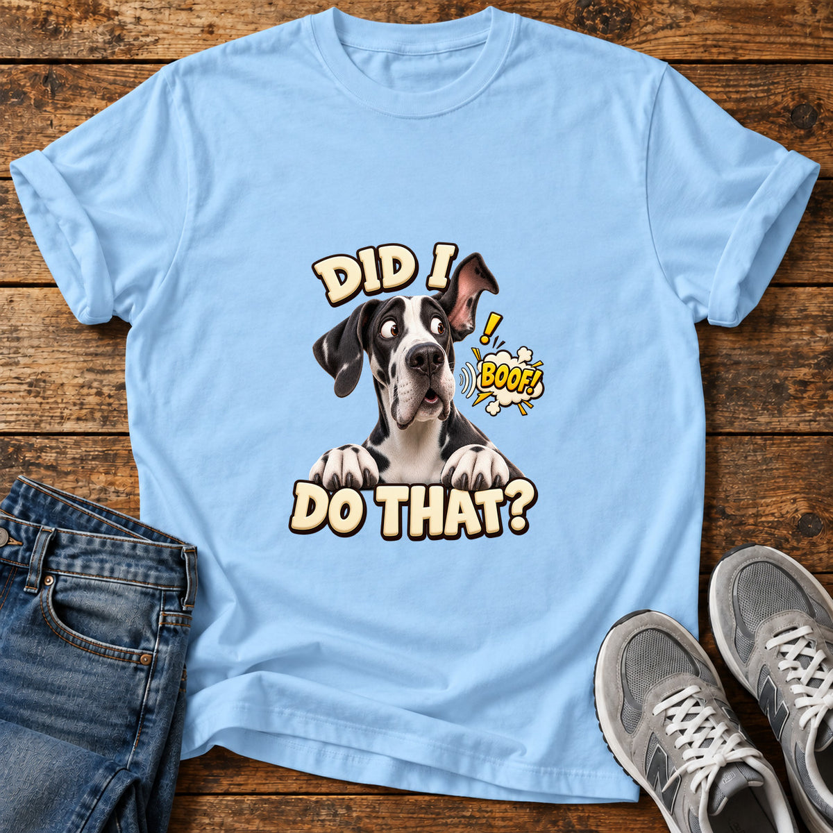 Did I Boof Great Dane graphic T-shirt in Light Blue, shown on a flat-lay shirt mockup