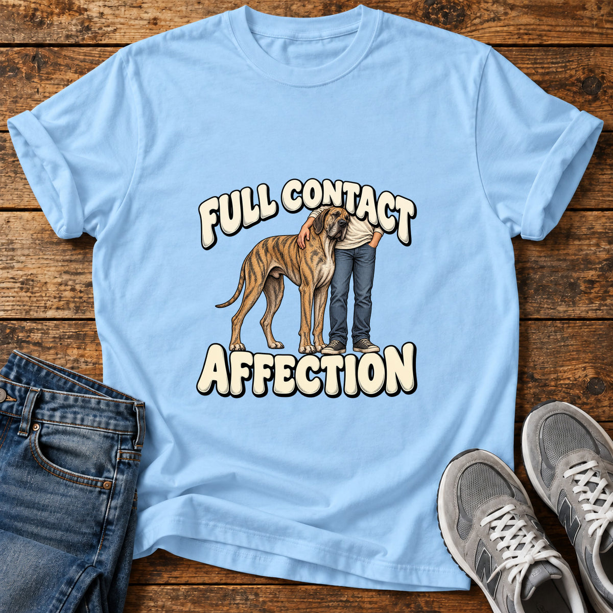 Full Contact Affection Great Dane graphic T-shirt in Light Blue, shown on a flat-lay shirt mockup