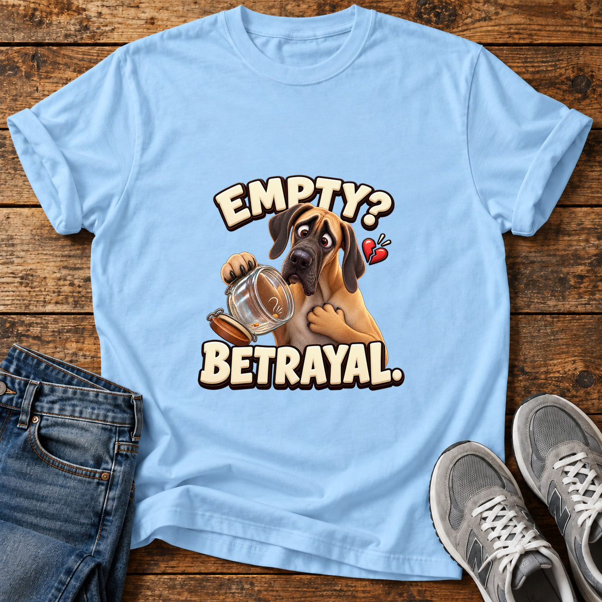 Empty Betrayal Great Dane graphic T-shirt in Light Blue, shown on a flat-lay shirt mockup