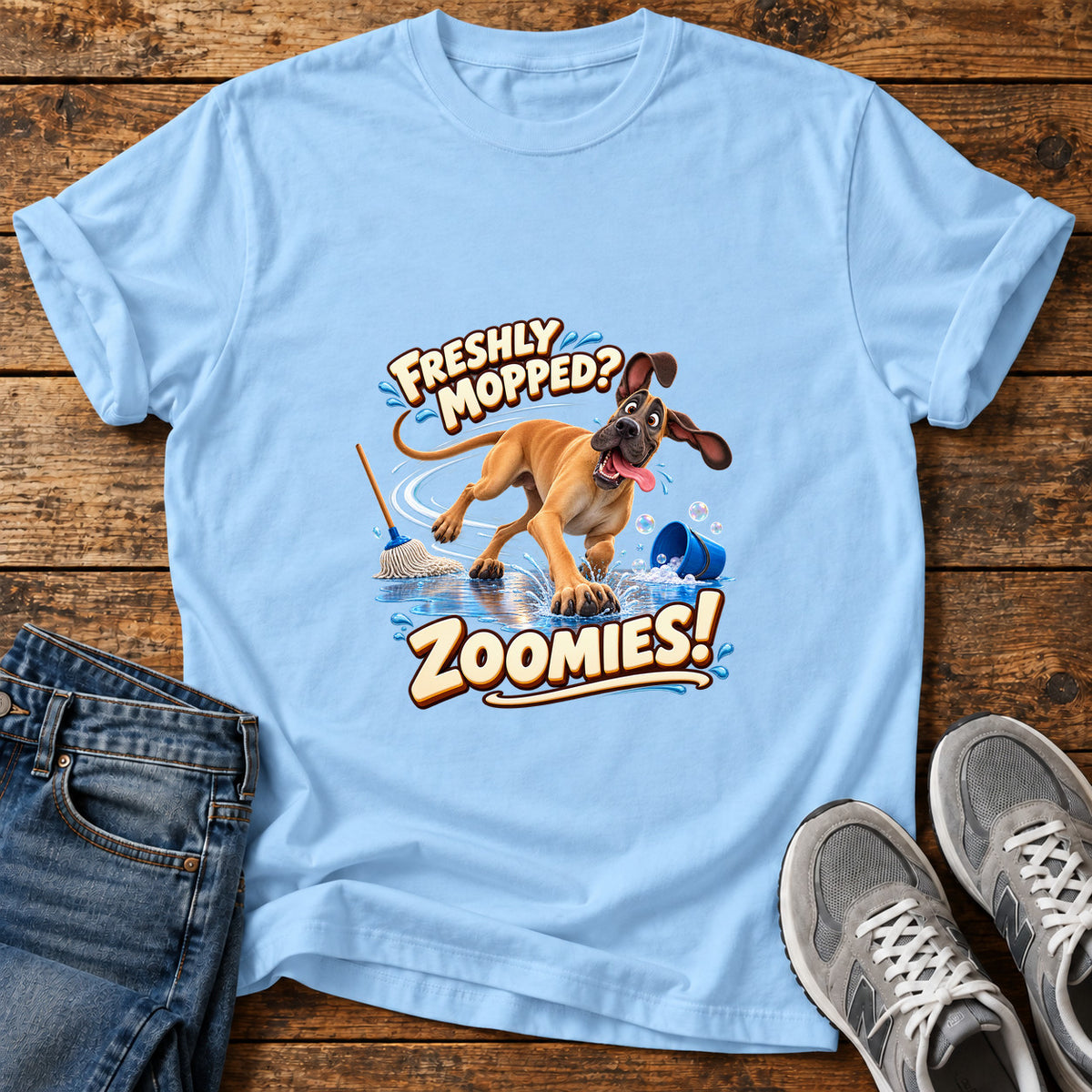 Freshly Zoomies Great Dane graphic T-shirt in Light Blue, shown on a flat-lay shirt mockup