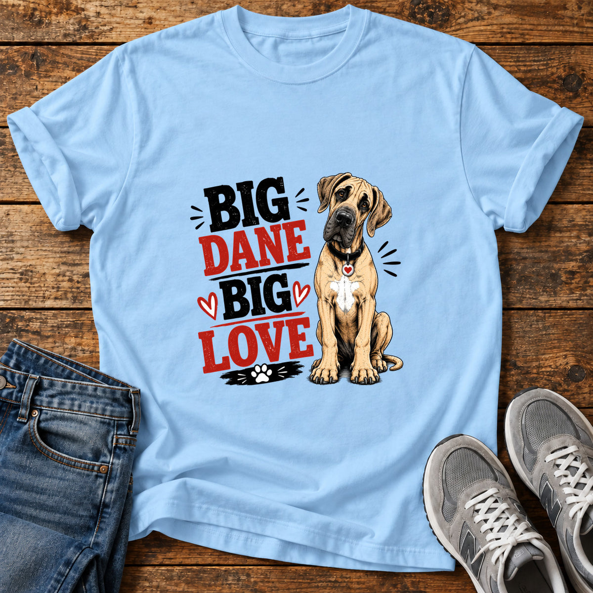 Big Dane Love Great Dane graphic T-shirt in Light Blue, shown on a flat-lay shirt mockup