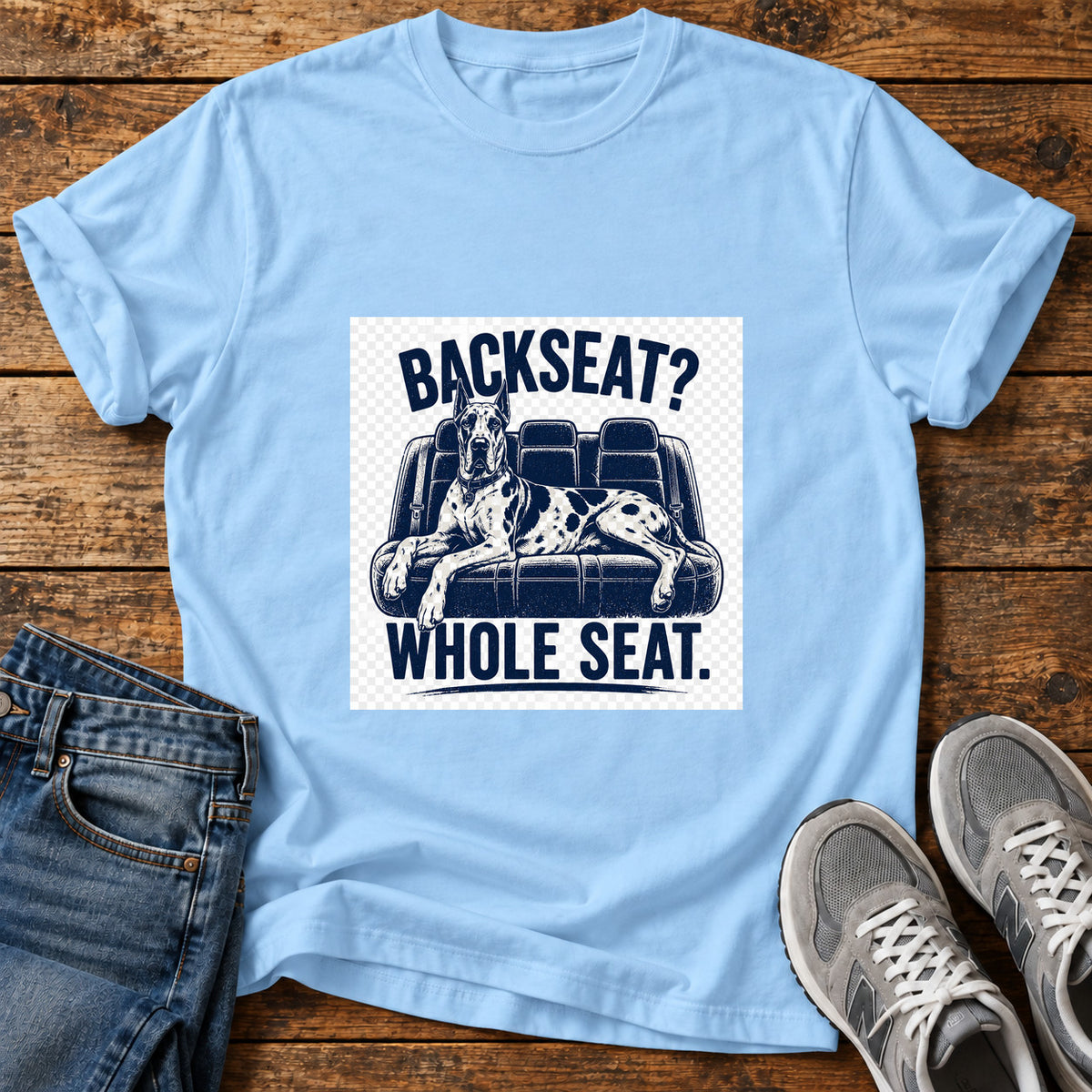 Backseat Whole Seat Great Dane graphic T-shirt in Light Blue, shown on a flat-lay shirt mockup