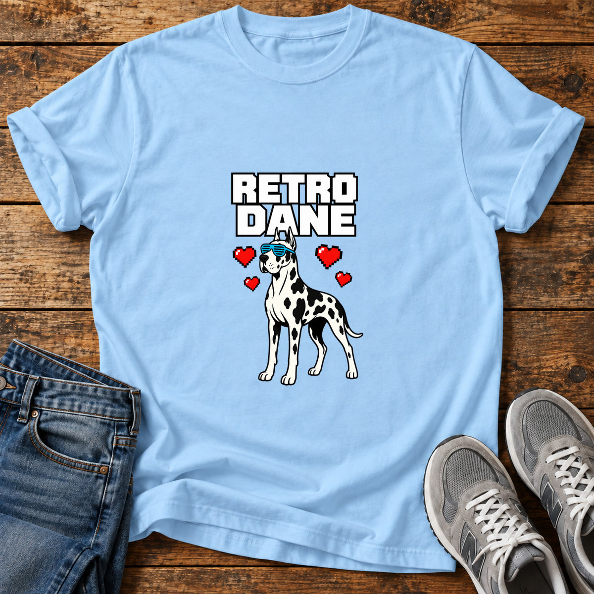 Retro Dane Great Dane graphic T-shirt in Light Blue, shown on a flat-lay shirt mockup