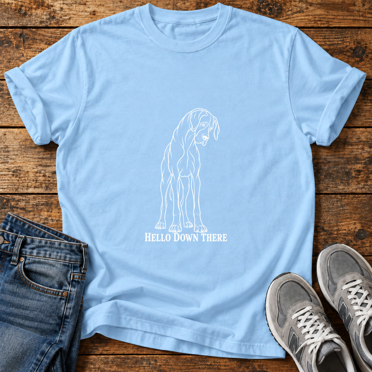 Hello Down There Great Dane graphic T-shirt in Light Blue, shown on a flat-lay shirt mockup