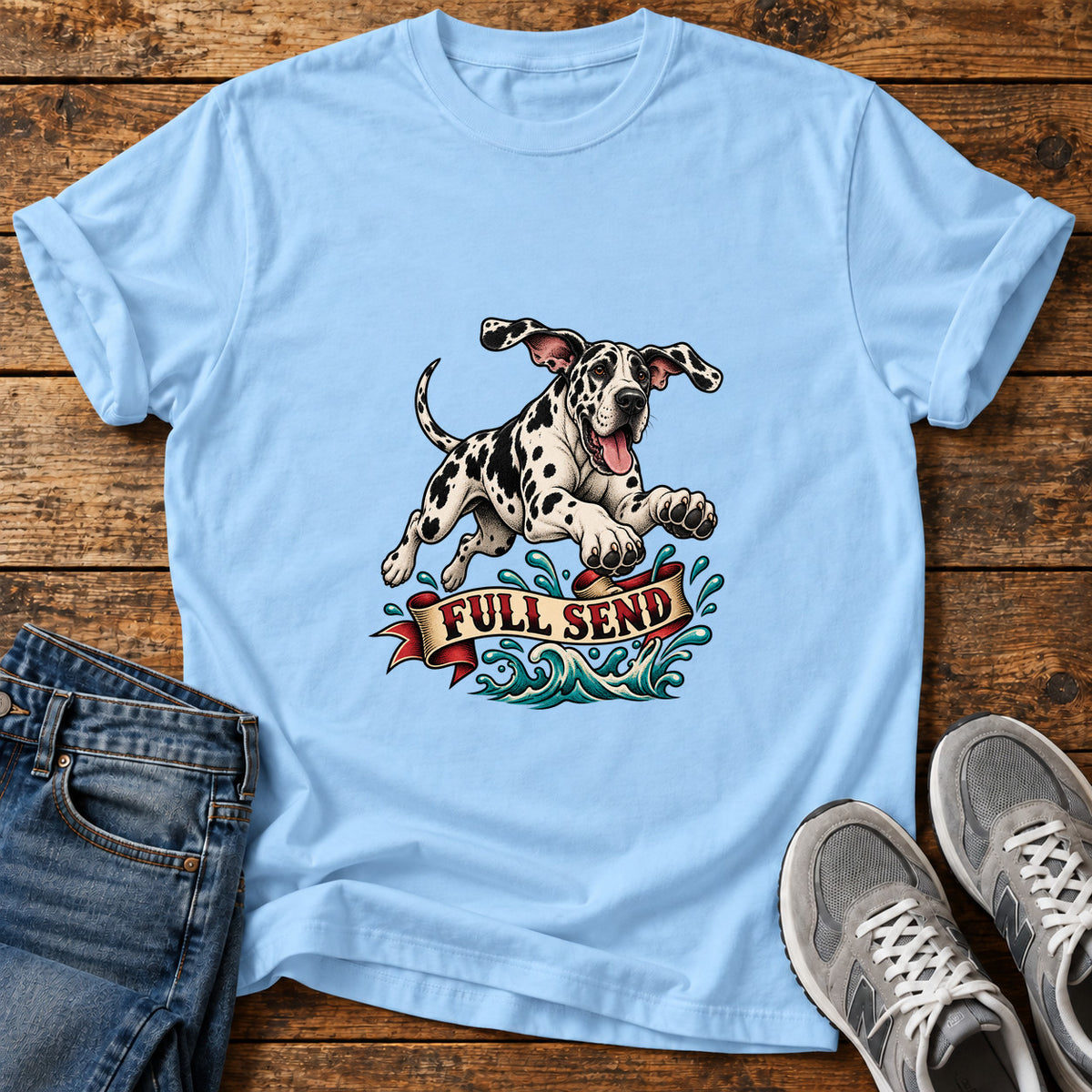 Full Send Pup Great Dane graphic T-shirt in Light Blue, shown on a flat-lay shirt mockup