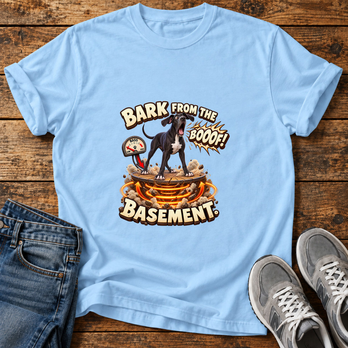 Bark Boof Basement Great Dane graphic T-shirt in Light Blue, shown on a flat-lay shirt mockup