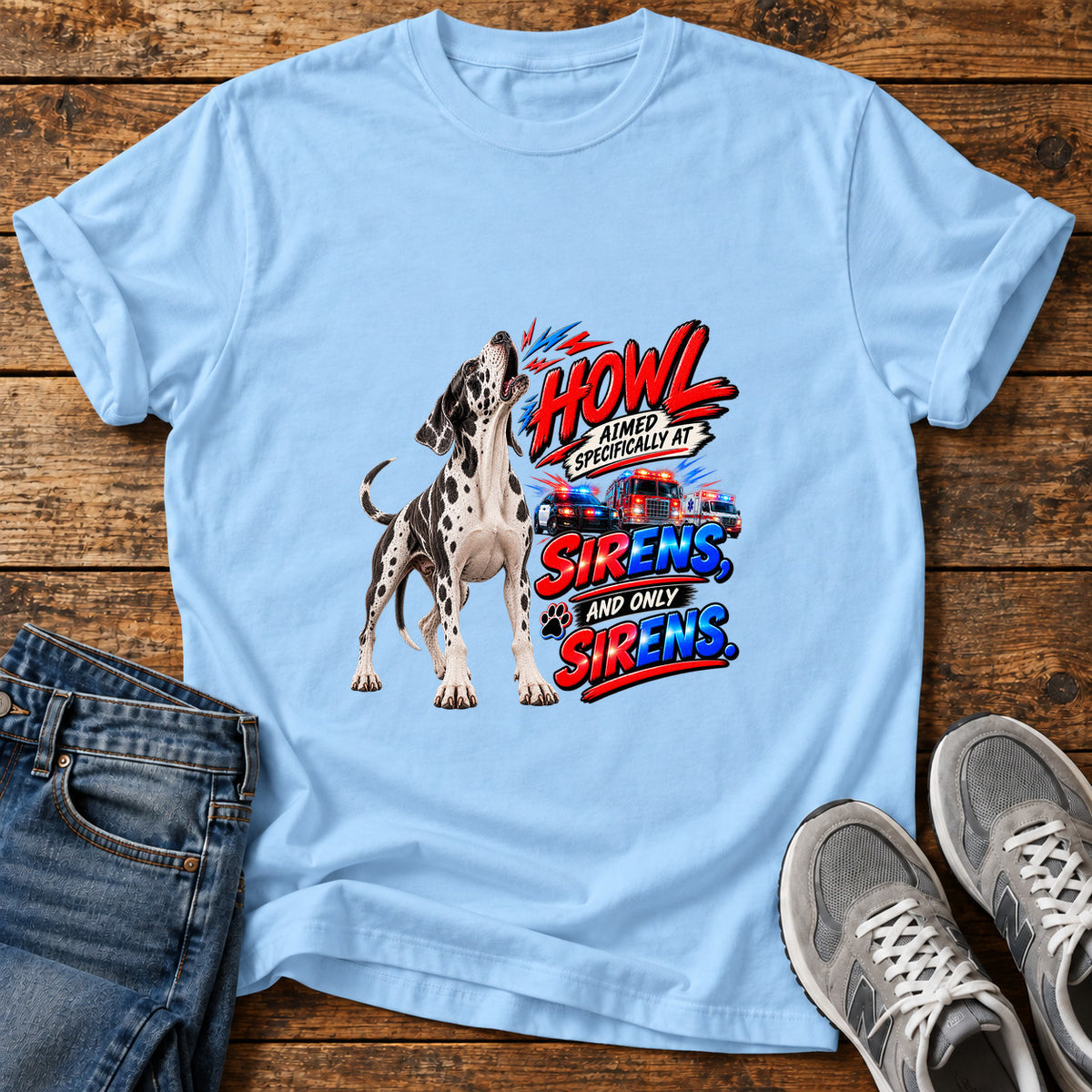 Howl At Sirens Great Dane graphic T-shirt in Light Blue, shown on a flat-lay shirt mockup