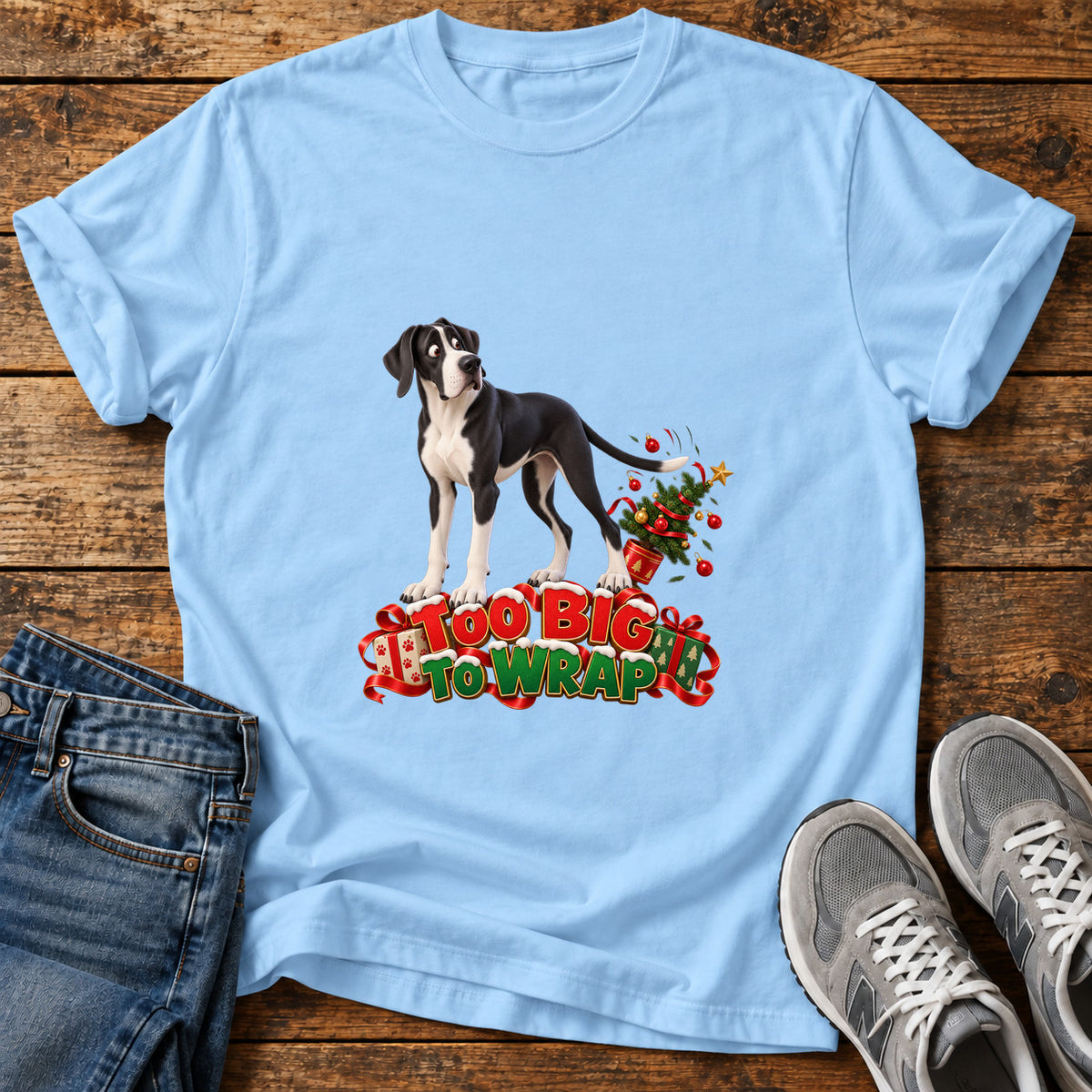 Too Big Wrap Great Dane graphic T-shirt in Light Blue, shown on a flat-lay shirt mockup
