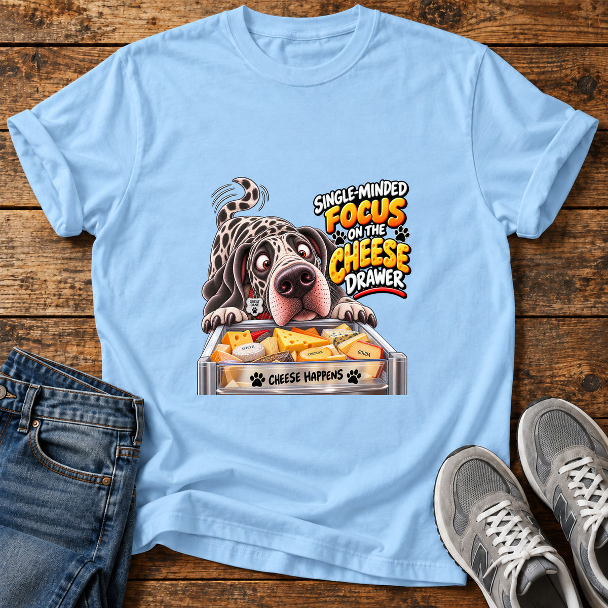 Cheese Focus Great Dane graphic T-shirt in Light Blue, shown on a flat-lay shirt mockup