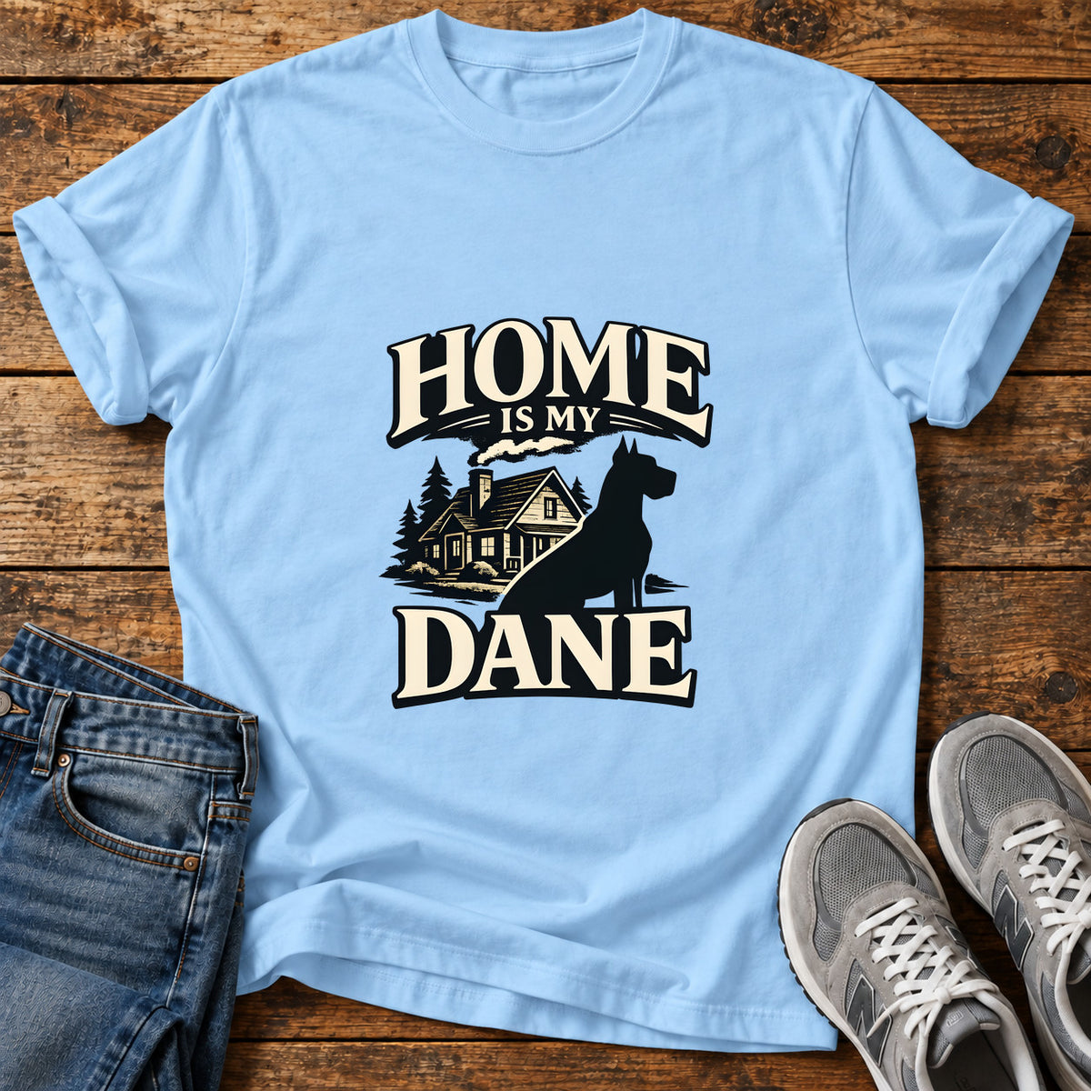 Home Dane Great Dane graphic T-shirt in Light Blue, shown on a flat-lay shirt mockup