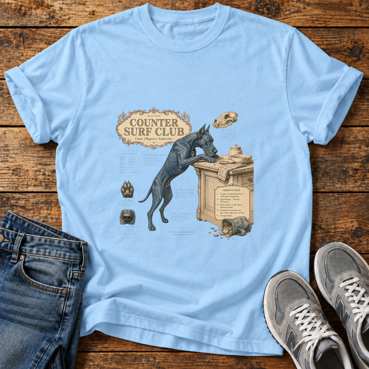 Counter Surf Club Great Dane graphic T-shirt in Light Blue, shown on a flat-lay shirt mockup