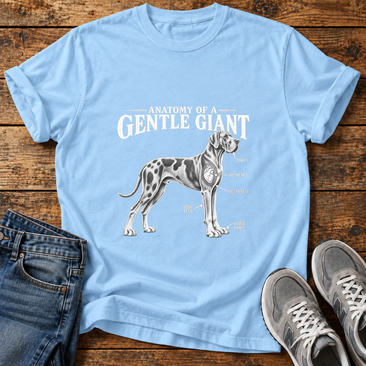 Gentle Giant Great Dane graphic T-shirt in Light Blue, shown on a flat-lay shirt mockup