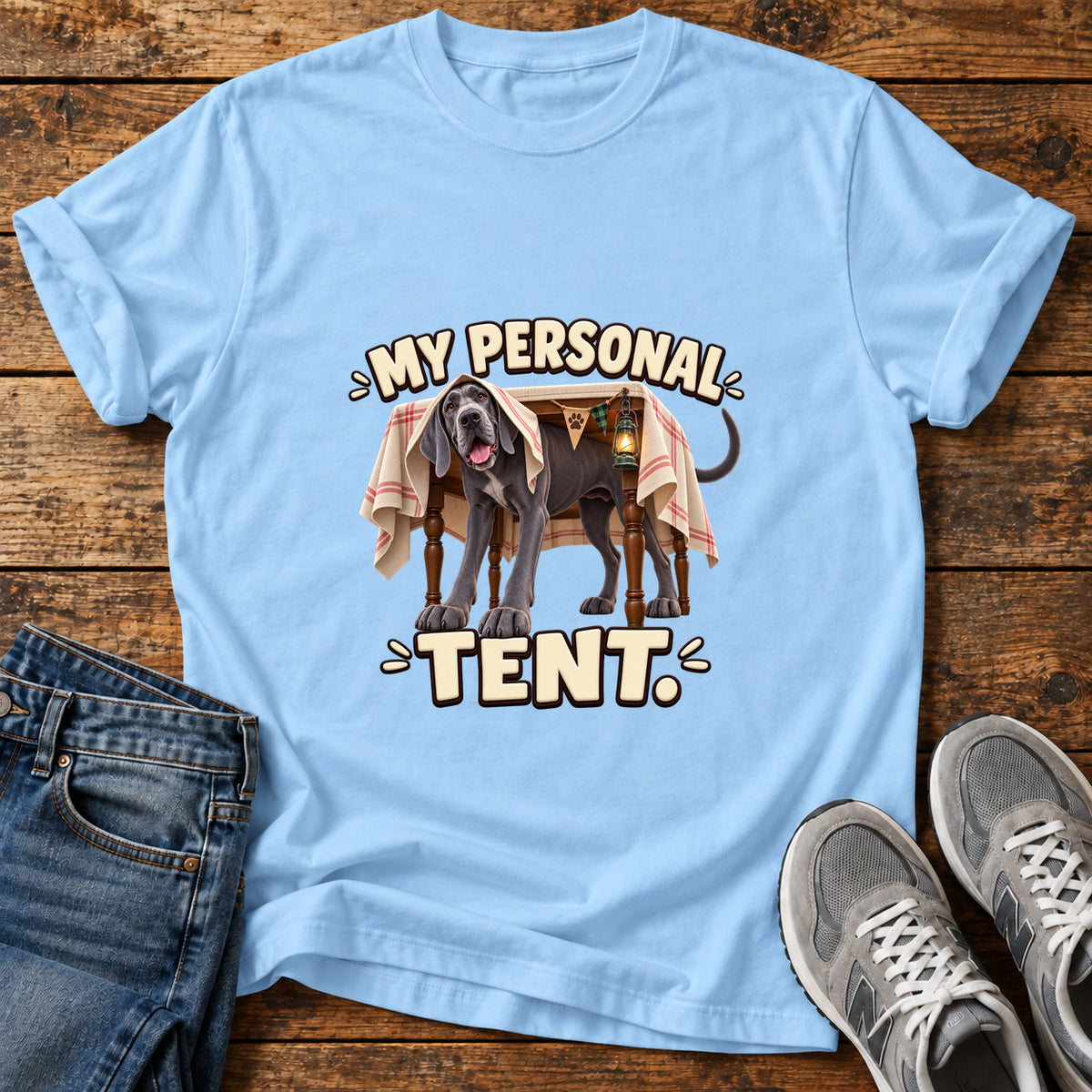 My Personal Tent Great Dane graphic T-shirt in Light Blue, shown on a flat-lay shirt mockup