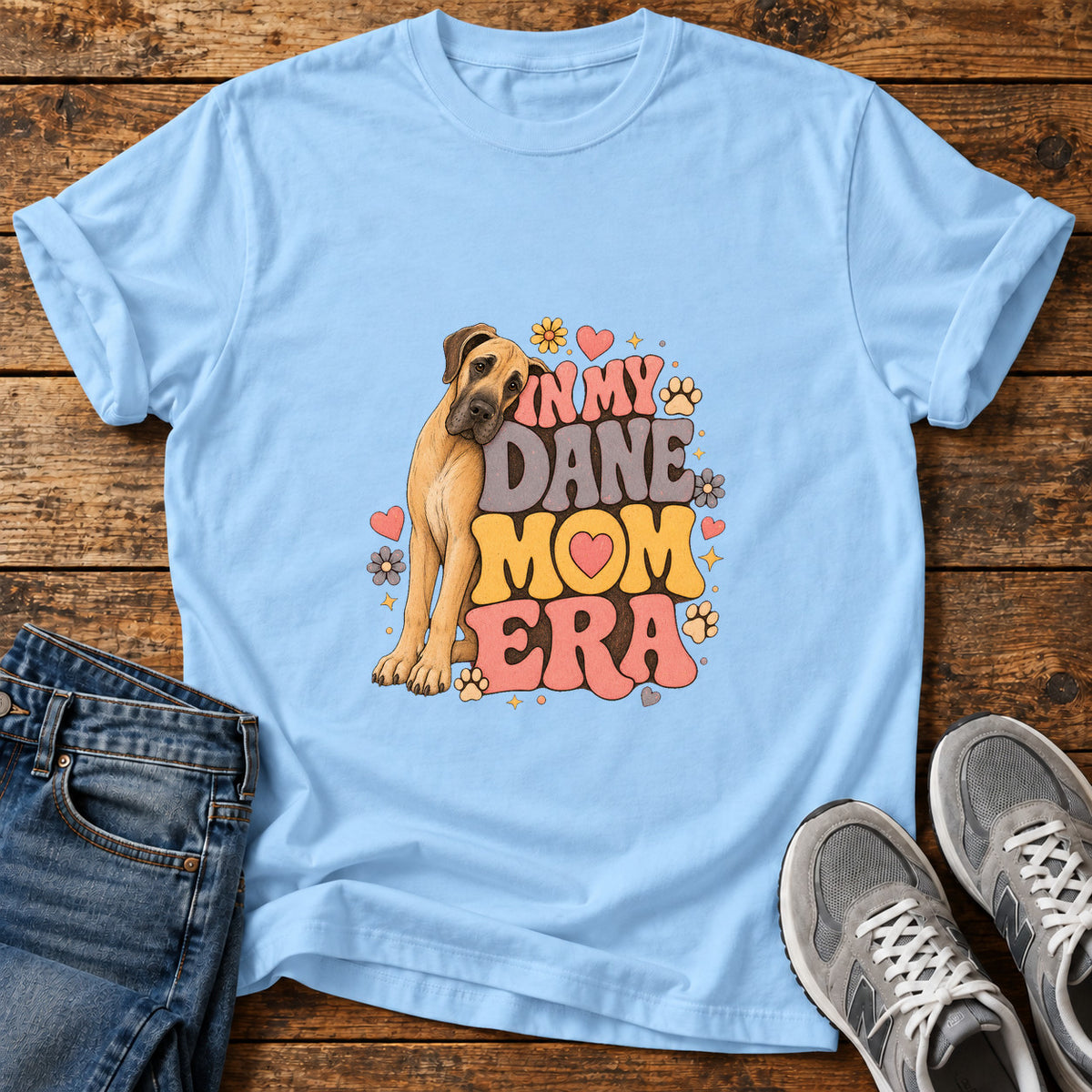 In My Dane Great Dane graphic T-shirt in Light Blue, shown on a flat-lay shirt mockup
