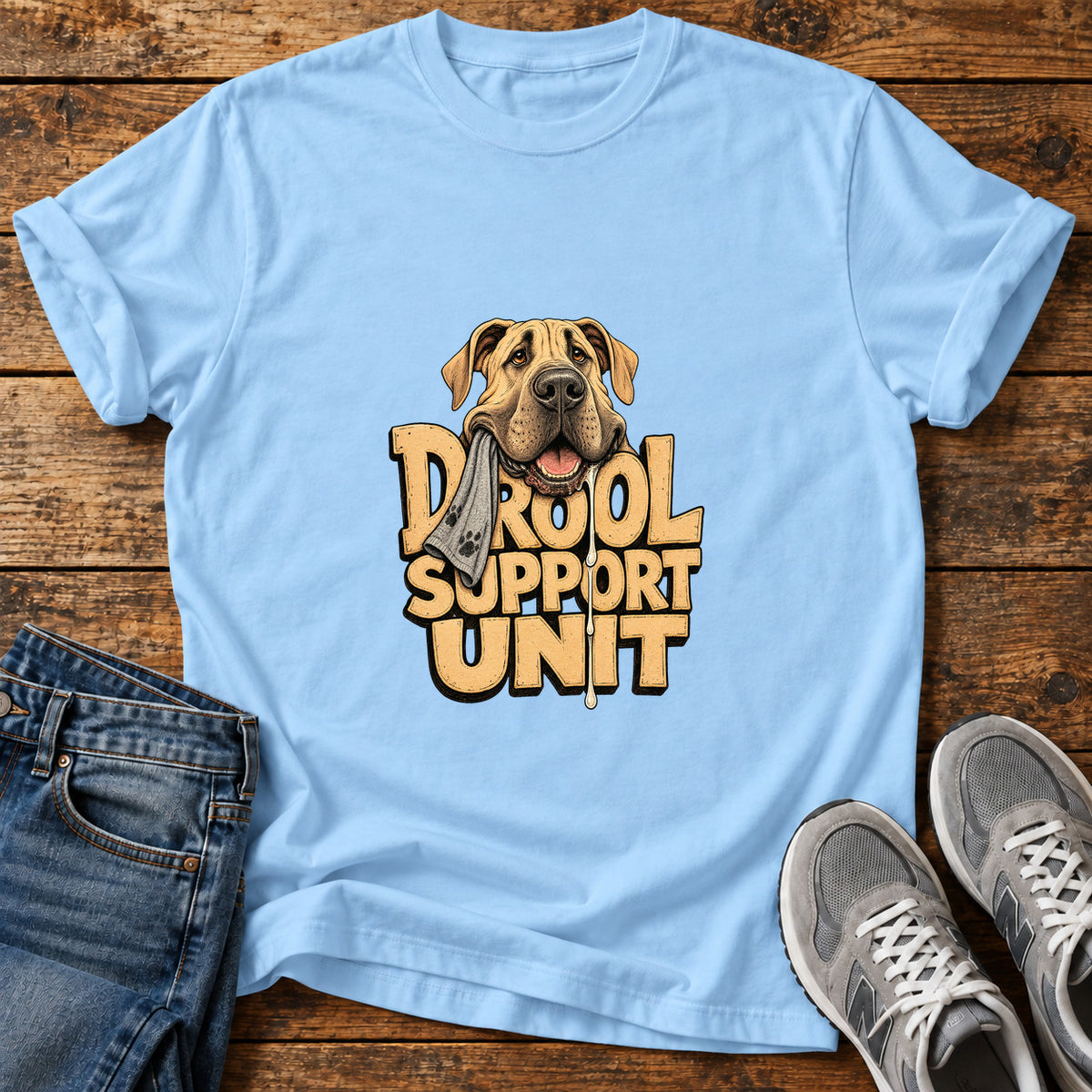 Drool Support Unit Great Dane graphic T-shirt in Light Blue, shown on a flat-lay shirt mockup