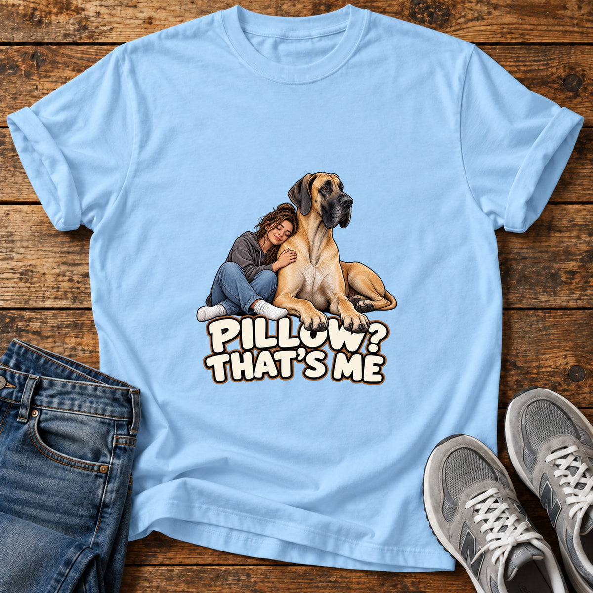 Pillow That's Me Great Dane graphic T-shirt in Light Blue, shown on a flat-lay shirt mockup