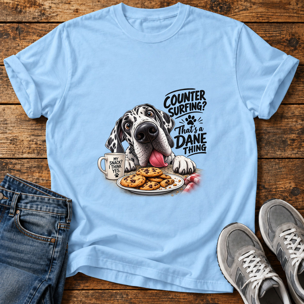 Dane Thing Great Dane graphic T-shirt in Light Blue, shown on a flat-lay shirt mockup