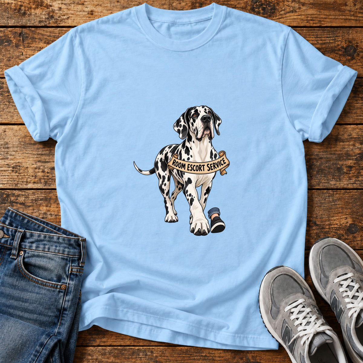 Room Escort Pup Great Dane graphic T-shirt in Light Blue, shown on a flat-lay shirt mockup