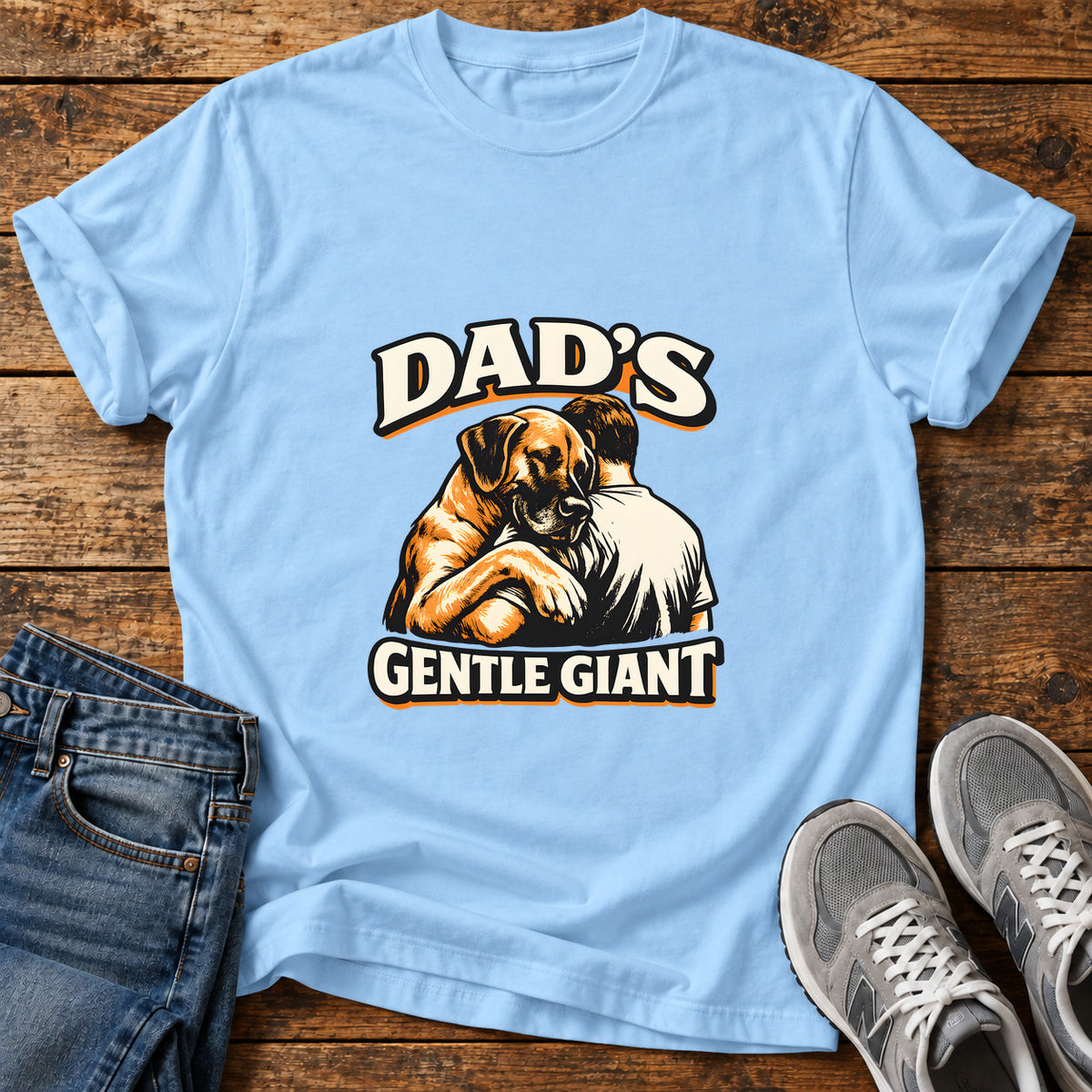 Dad's Gentle Giant Great Dane graphic T-shirt in Light Blue, shown on a flat-lay shirt mockup