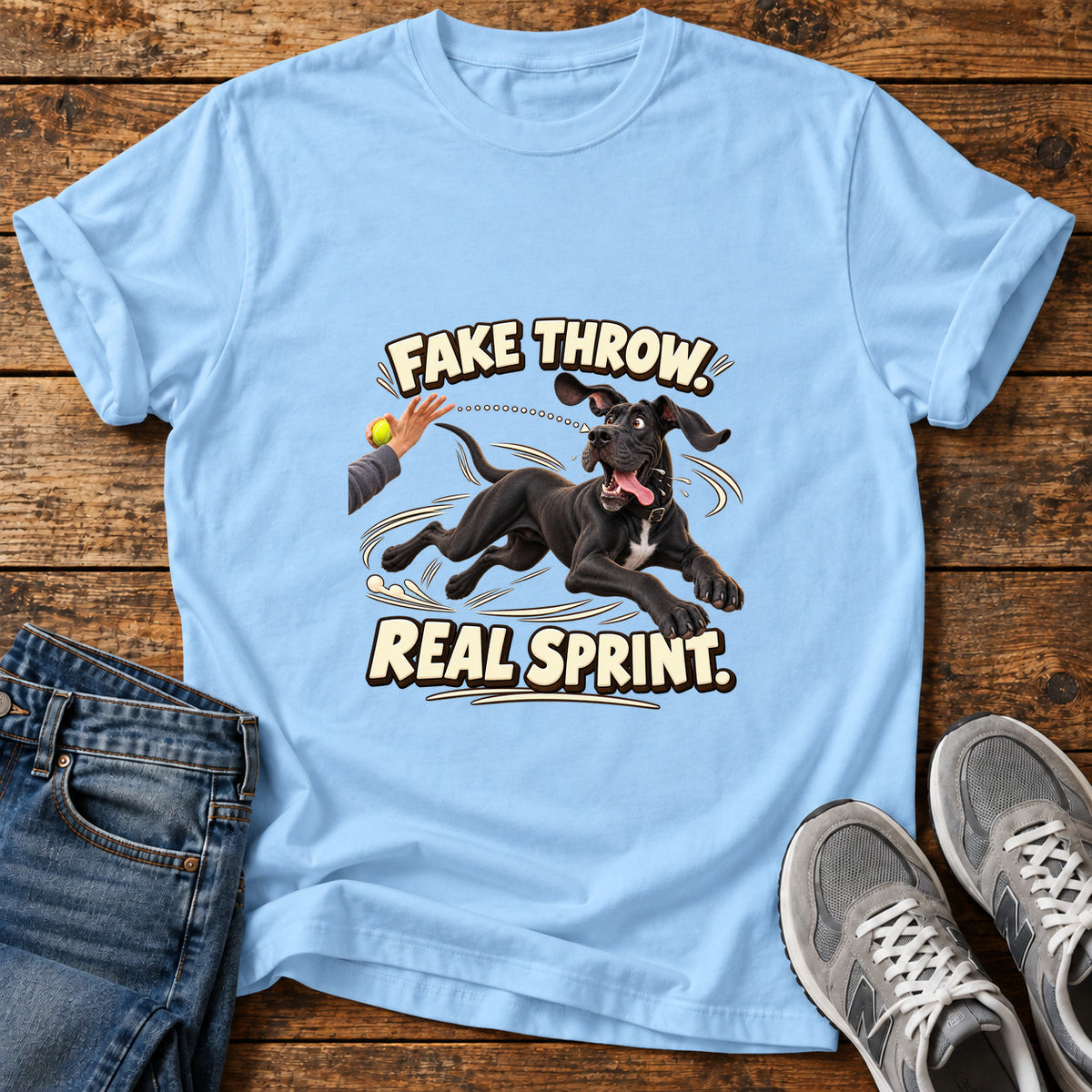 Fake Throw Sprint Great Dane graphic T-shirt in Light Blue, shown on a flat-lay shirt mockup