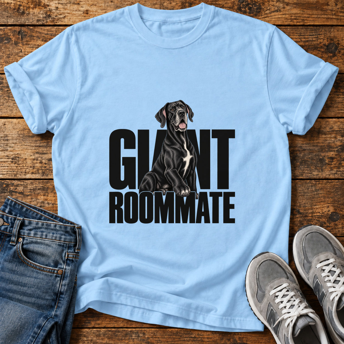 Giant Roommate Great Dane graphic T-shirt in Light Blue, shown on a flat-lay shirt mockup