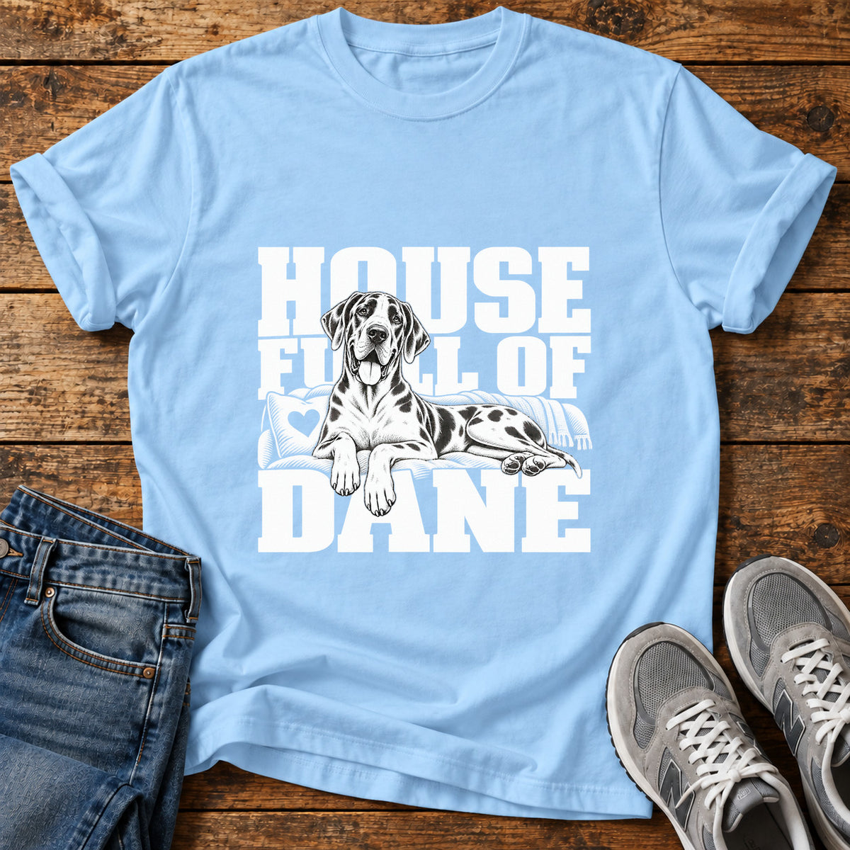 House Full Great Dane graphic T-shirt in Light Blue, shown on a flat-lay shirt mockup