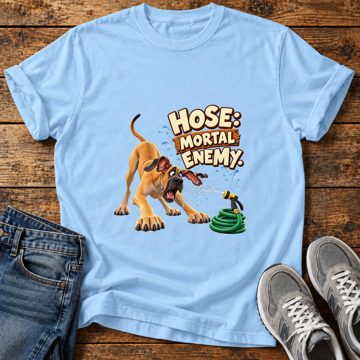 Hose Mortal Enemy Great Dane graphic T-shirt in Light Blue, shown on a flat-lay shirt mockup
