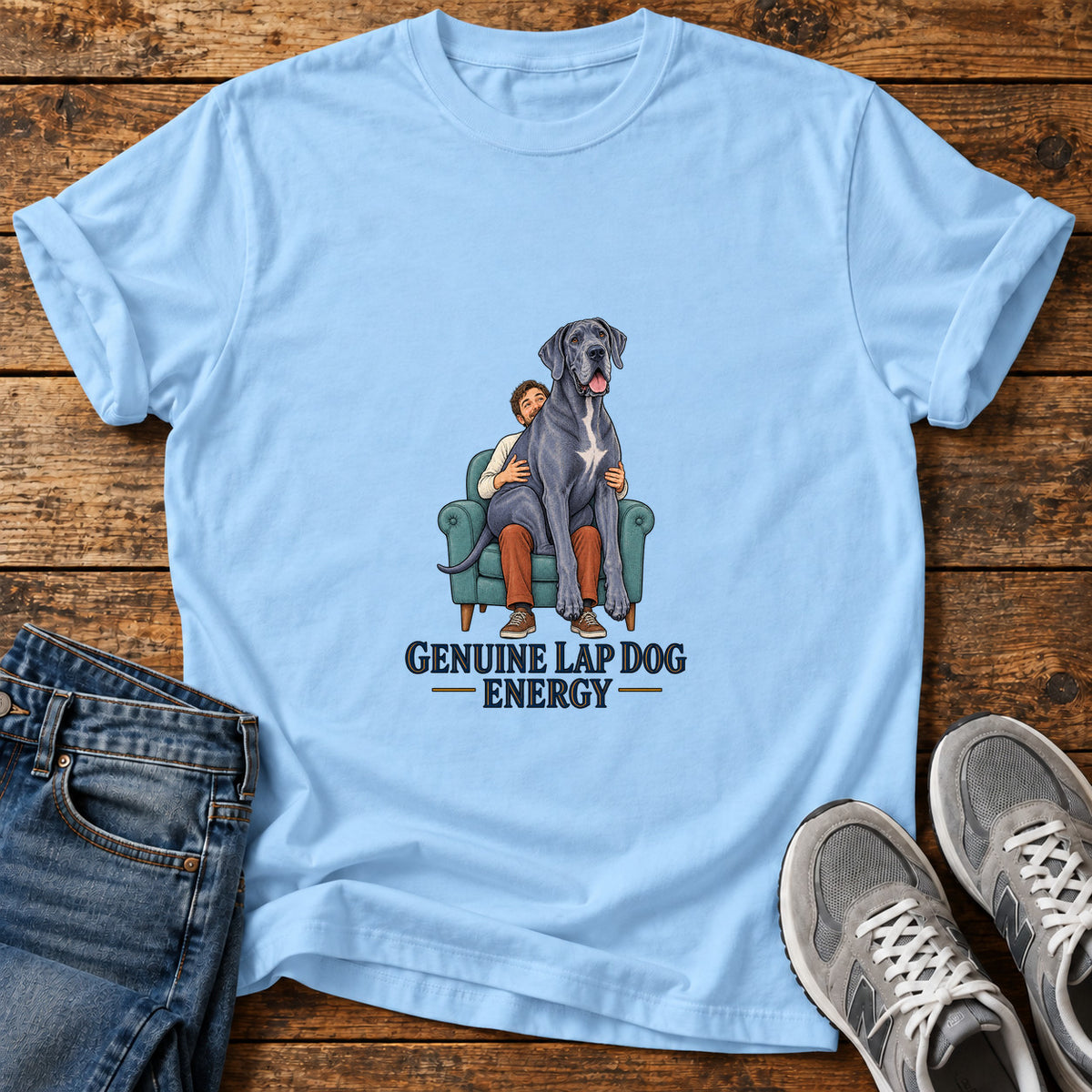 Genuine Lap Energy Great Dane graphic T-shirt in Light Blue, shown on a flat-lay shirt mockup