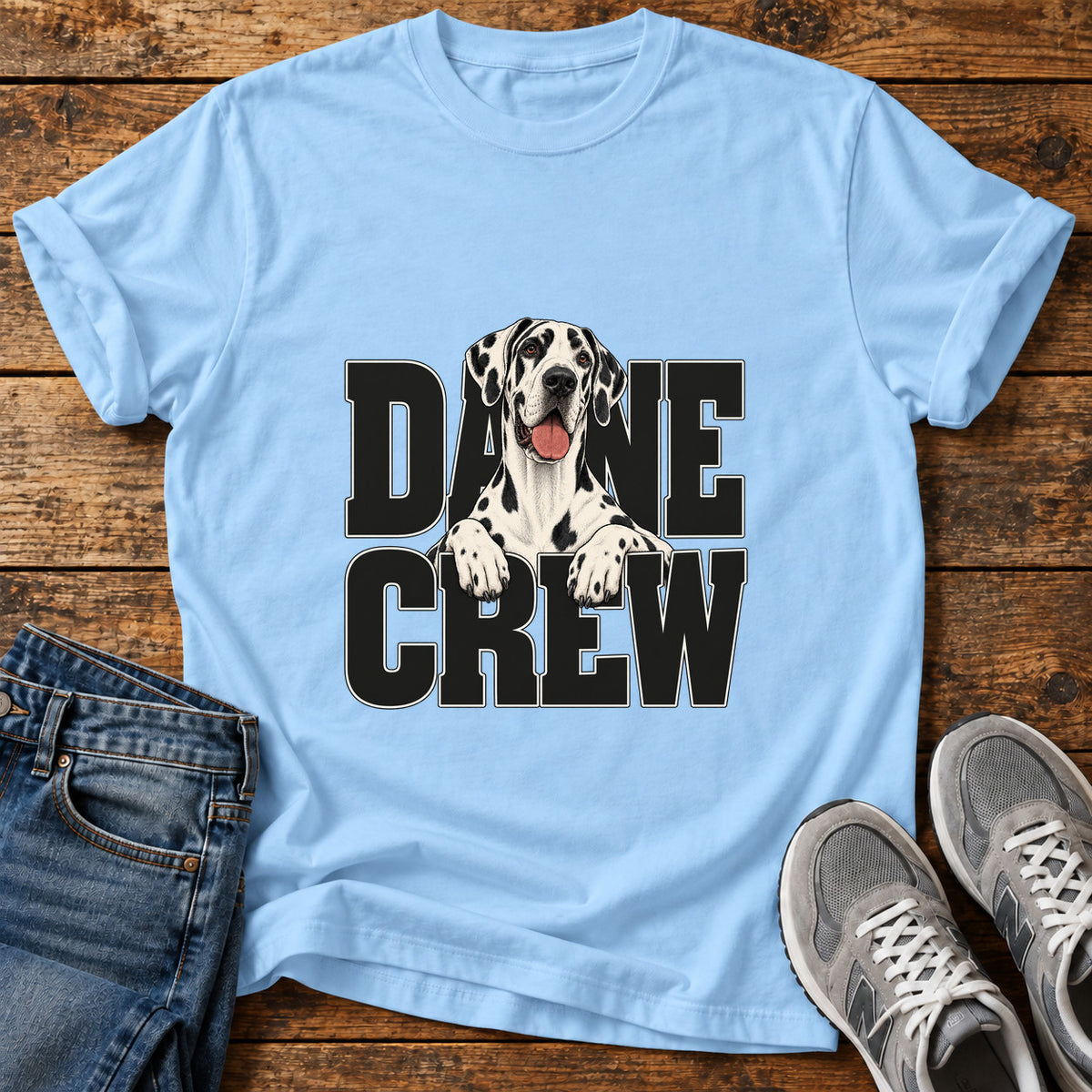 Dane Crew Great Dane graphic T-shirt in Light Blue, shown on a flat-lay shirt mockup