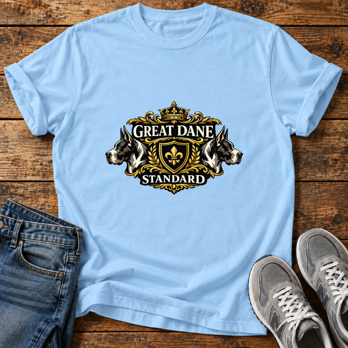 Great Dane Standard graphic T-shirt in Light Blue, shown on a flat-lay shirt mockup