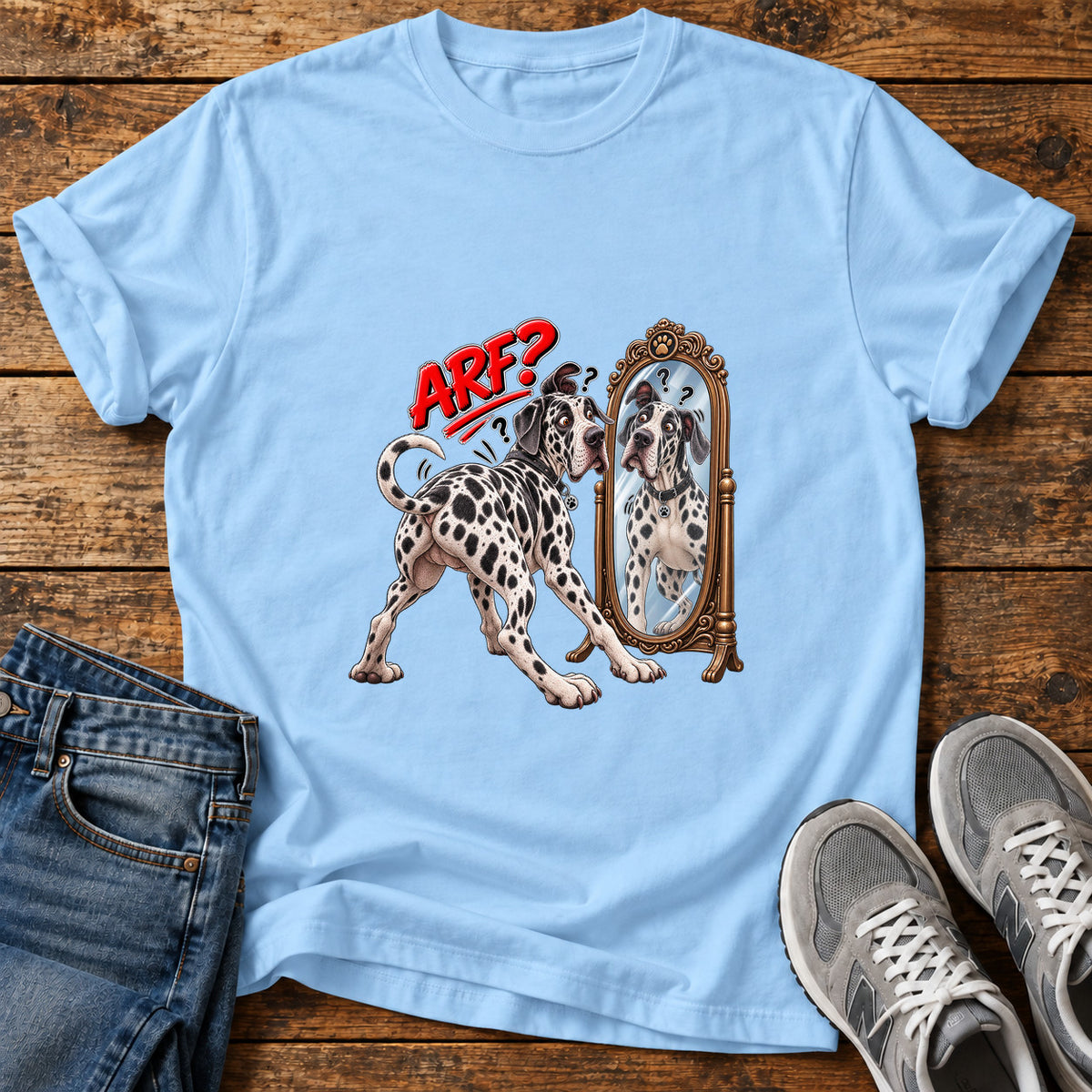 Arf Reflection Great Dane graphic T-shirt in Light Blue, shown on a flat-lay shirt mockup