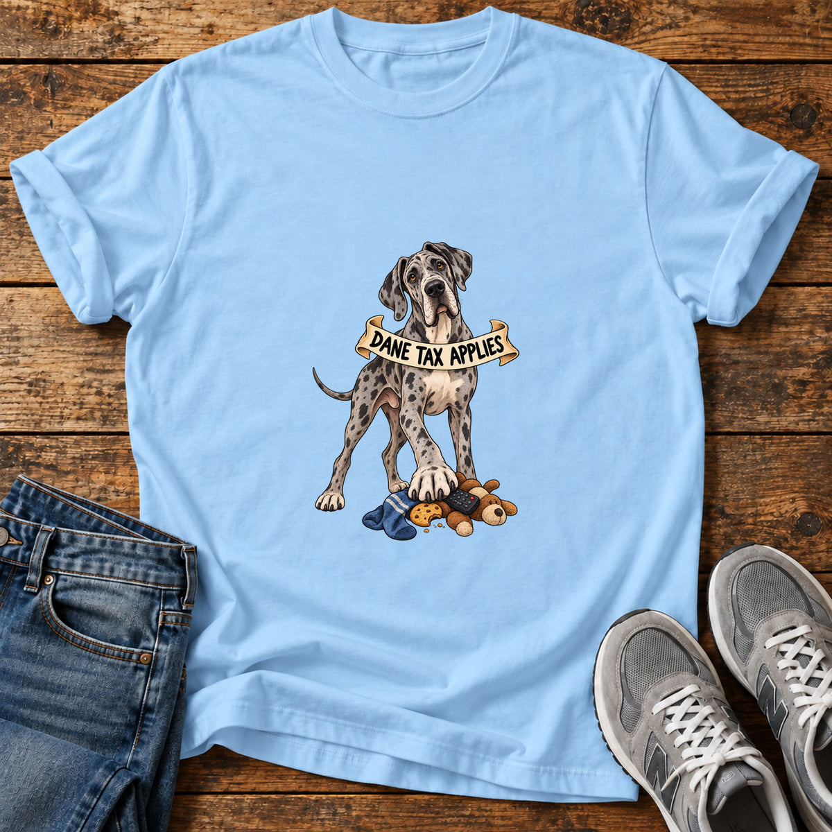Dane Tax Applies Great Dane graphic T-shirt in Light Blue, shown on a flat-lay shirt mockup